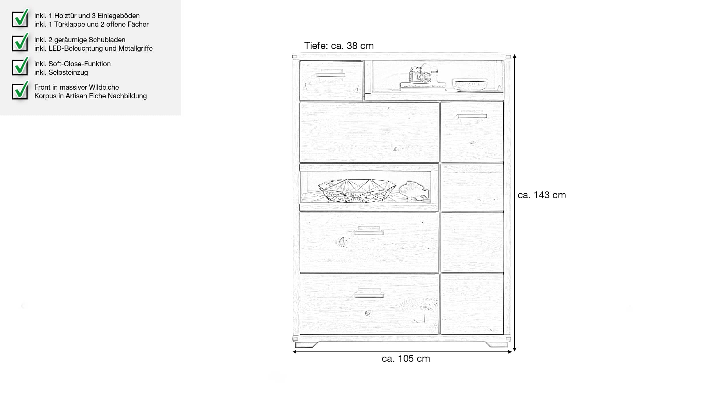 Highboard mit Beleuchtung - Wildeiche - 105 cm - CATANIA