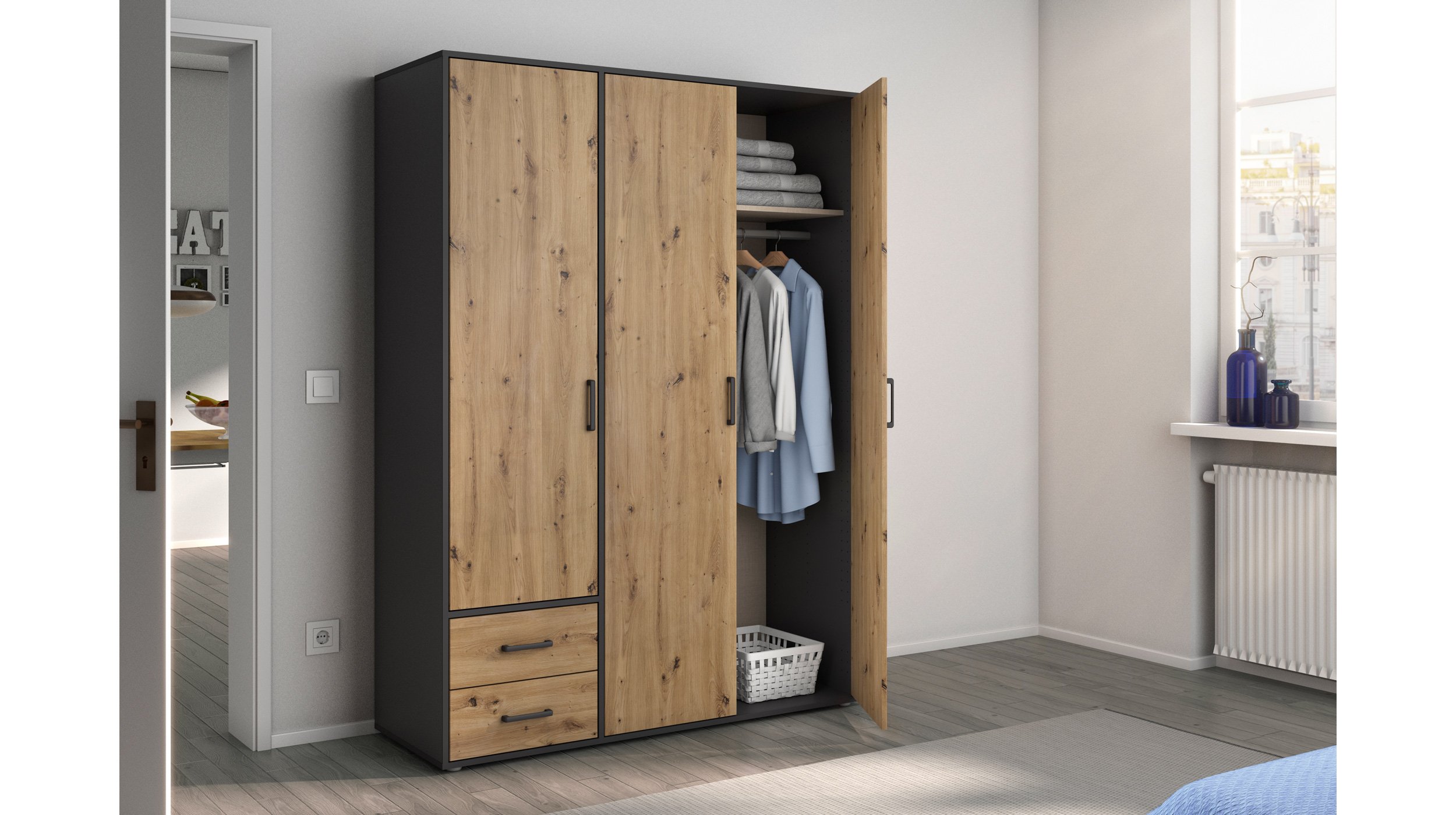 Kleiderschrank Artisan Eiche - grau - 140 cm - rauch - VOYAGER