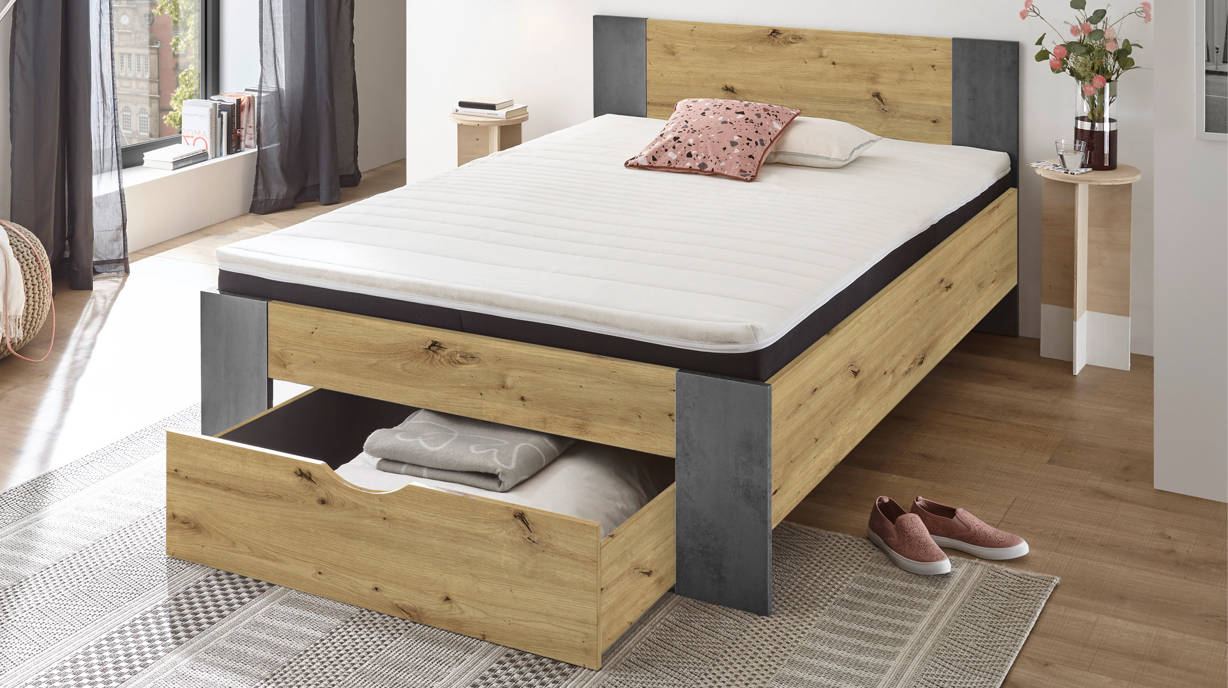 Jugendbett 140 x 200 cm Artisan Eiche - Bettkasten - MARTIN