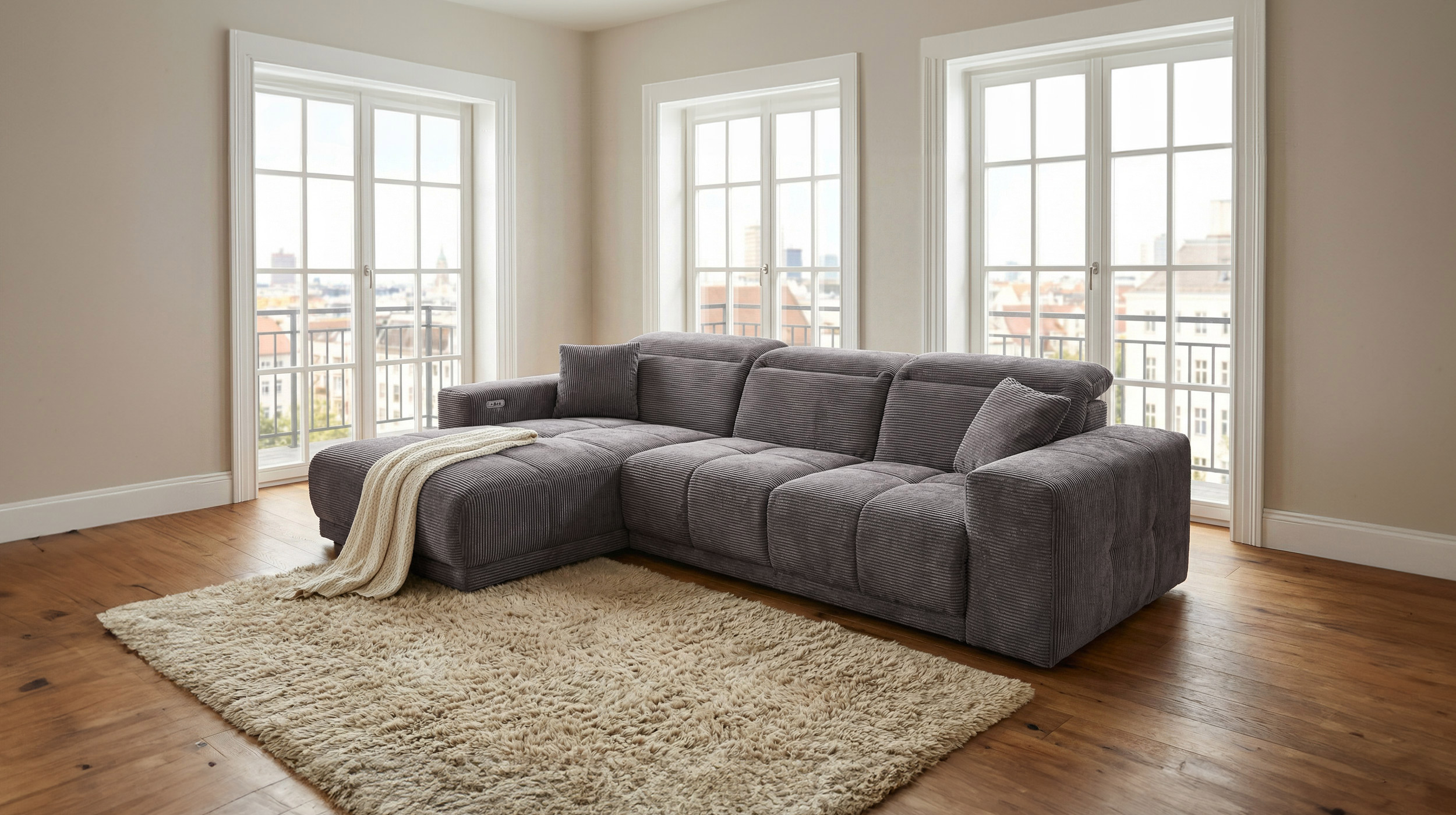 Ecksofa Cord grau 302 x 167 cm mit Relaxfunktion - OT links - TONI