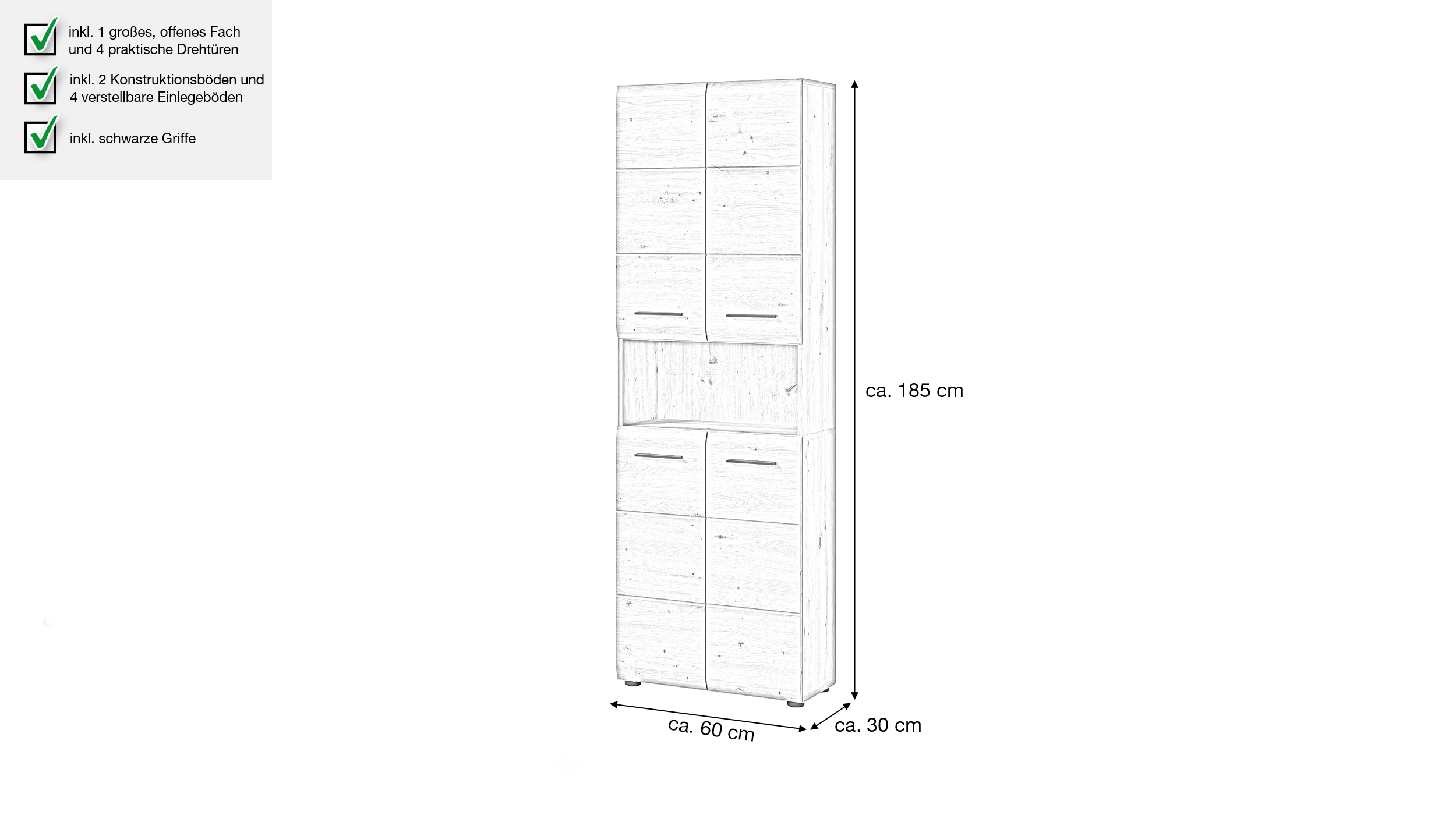 Bad Hochschrank Artisan Eiche 4 Türen Breite 60 cm - ICE