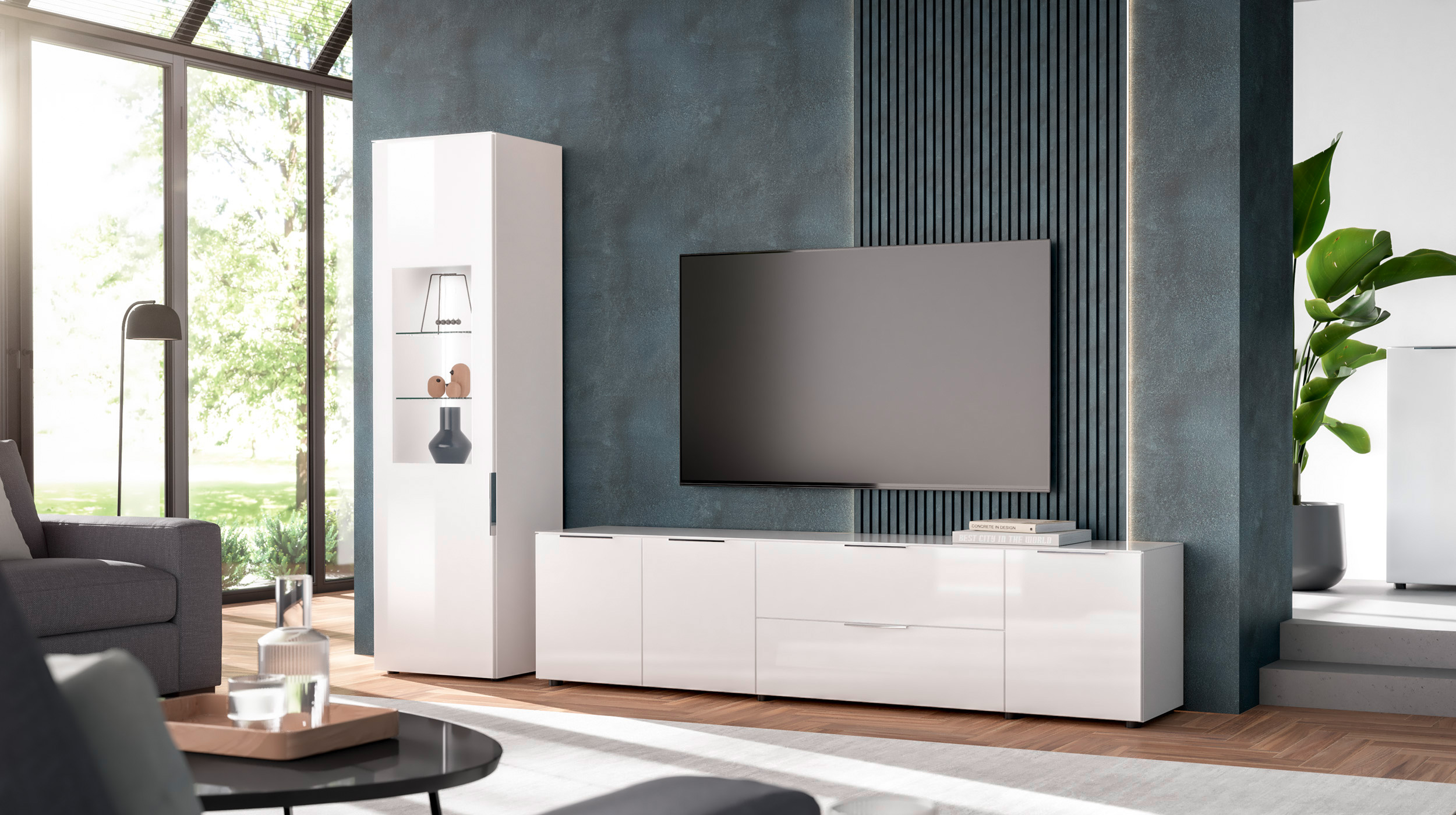 TV-Lowboard weiß - Glasfront - 226 cm - SANTORIN