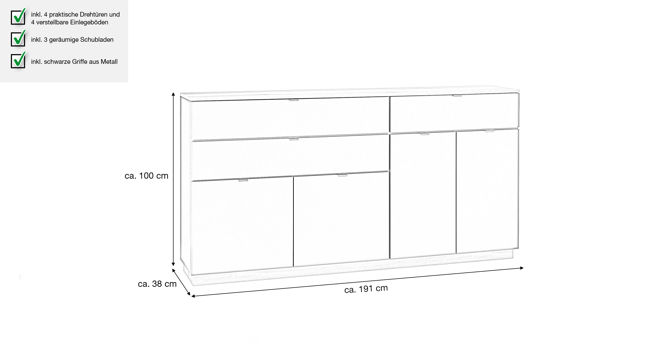 Sideboard mit 3 Schubladen anthrazit - Eiche 191 cm - VINCE
