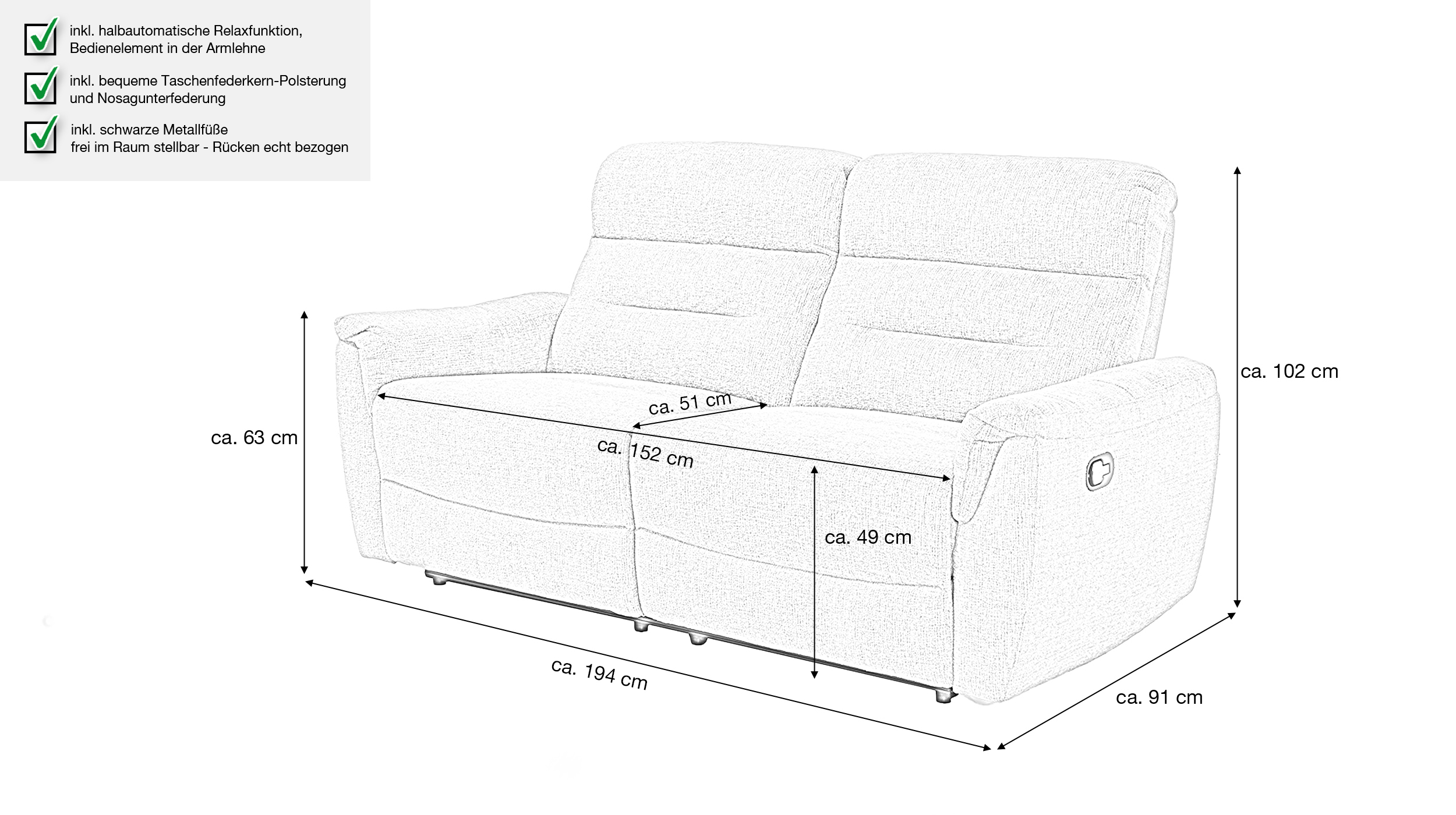 Einzelsofa 3-Sitzer Chenille grau 194 cm - Relaxfunktion - UTAH