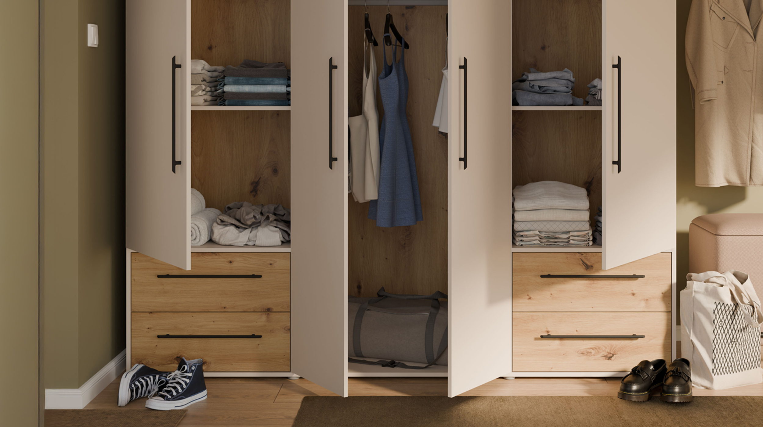 Kleiderschrank beige Artisan Eiche - 206 cm - 4 Türen - MOKKARIS