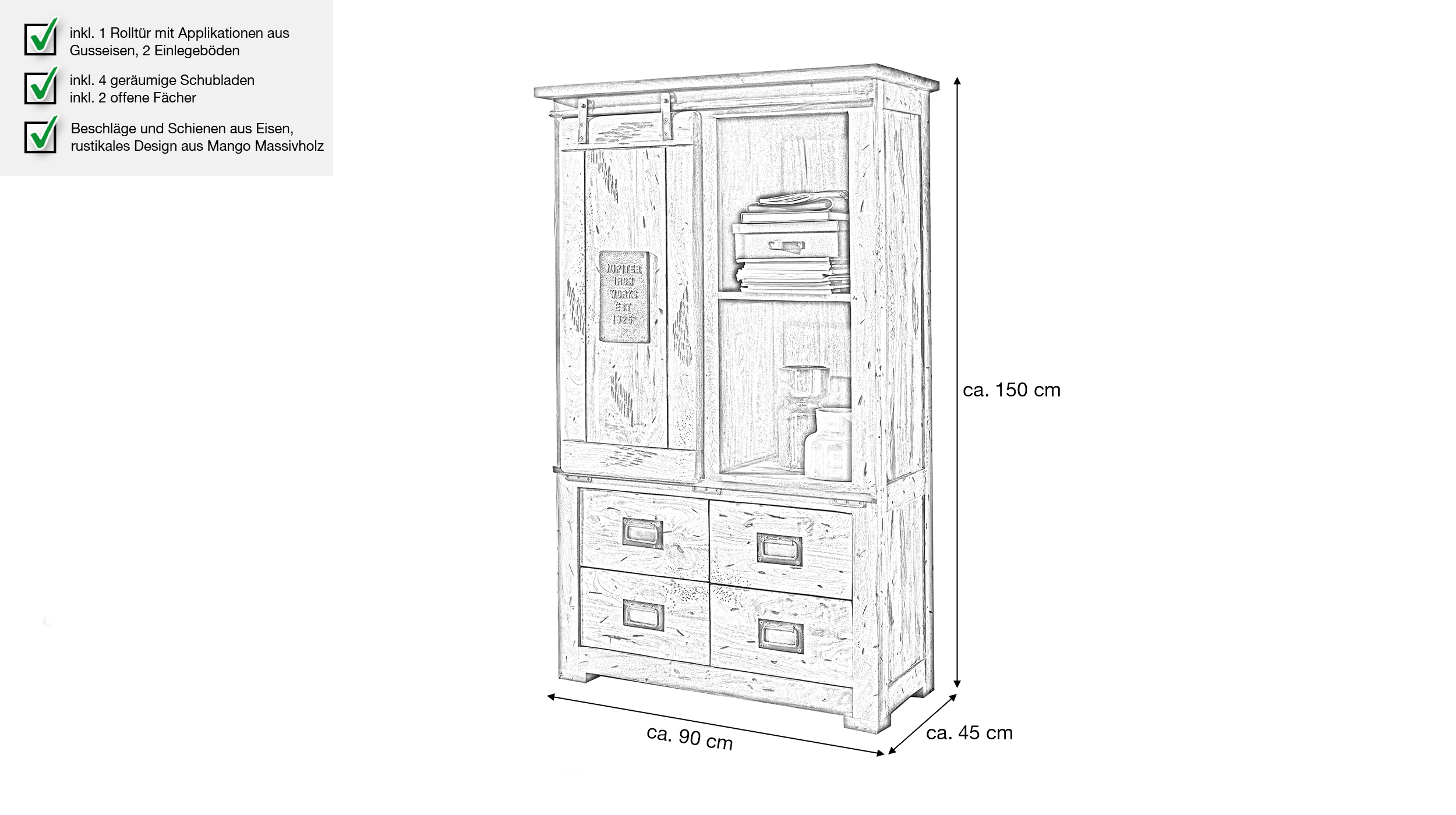 Highboard mit 1 Rolltür Mango massiv 90 cm - montiert - EMANUEL