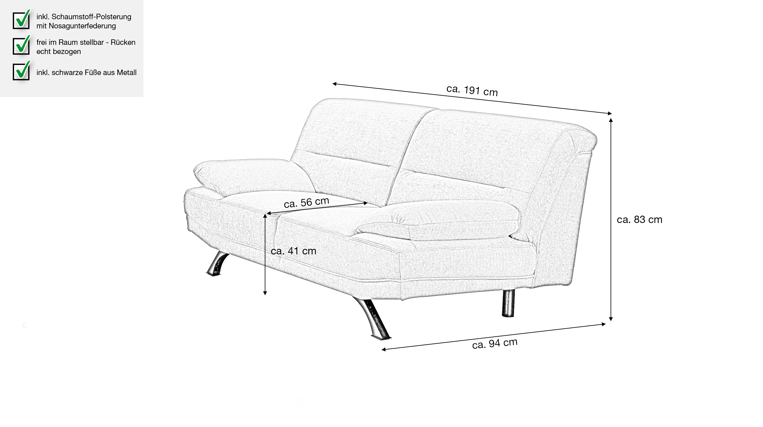 Einzelsofa 2-Sitzer grau 191 cm - BRUNO