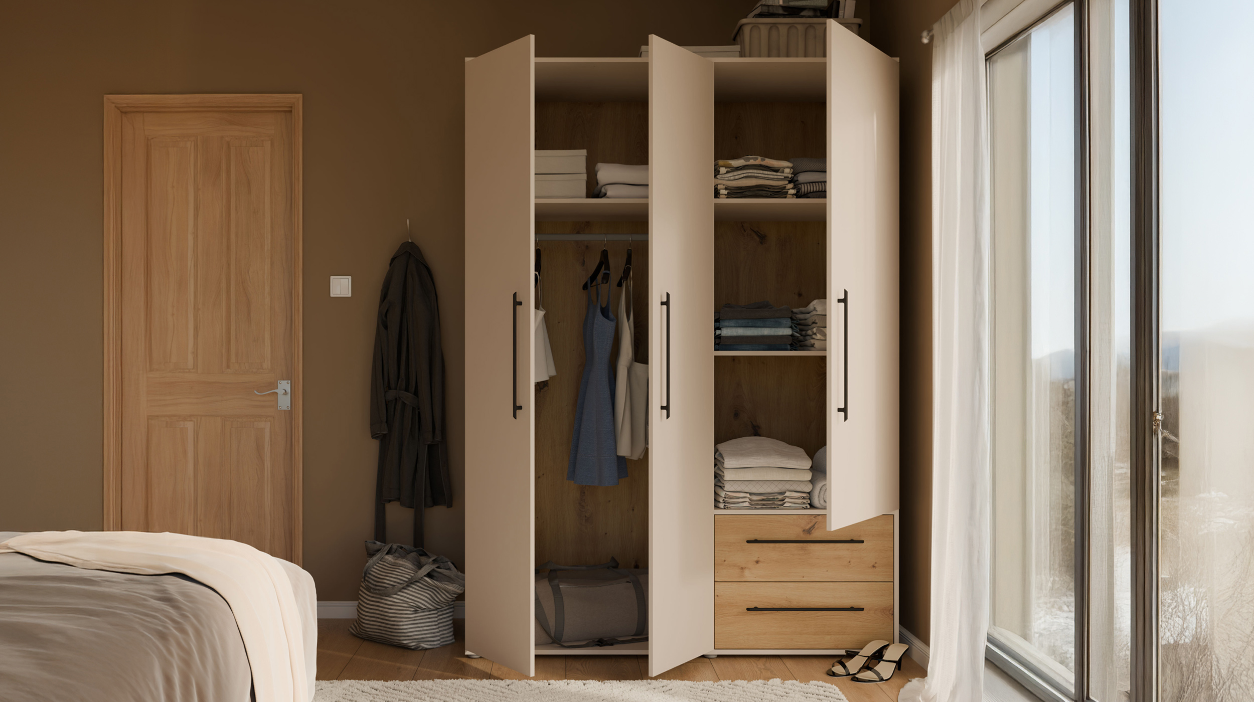 Kleiderschrank beige Artisan Eiche - 144 cm - 3 Türen - MOKKARIS