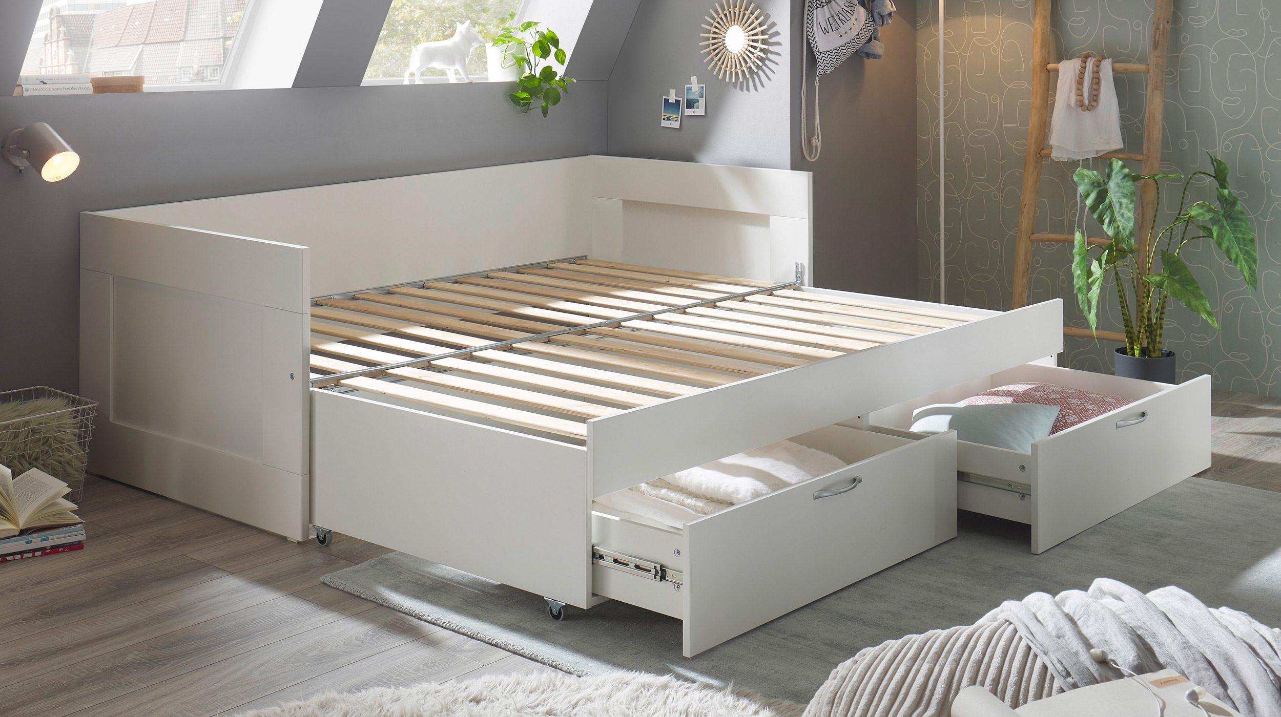 Jugendbett ausziehbar mit Schubladen weiß 90 x 200 cm - SALIAS