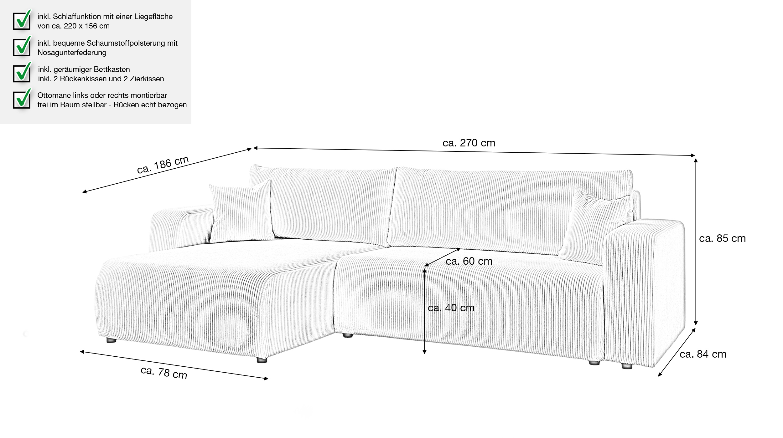 Ecksofa Cord creme Schlaffunktion Bettkasten 270 x 186 cm - HONOLULU