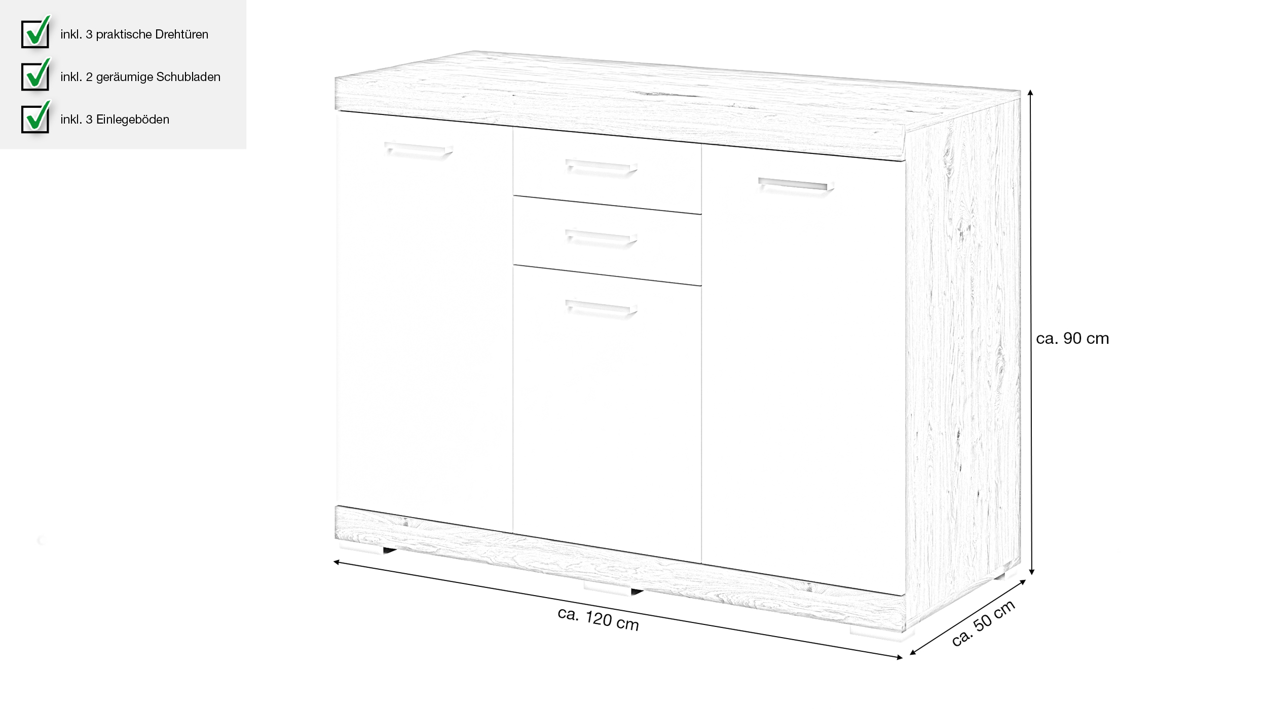 Kommode weiß Artisan Eiche 120 x 50 cm - 2 Schubladen - BRISTOL