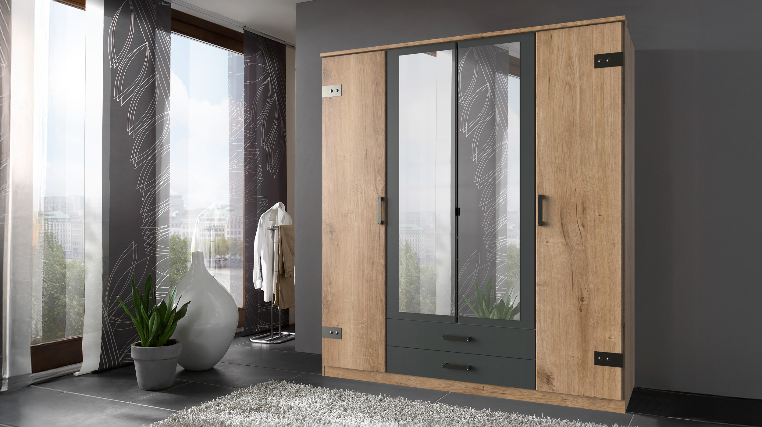Kleiderschrank Plankeneiche - graphit 180 cm 4-türig - CORK