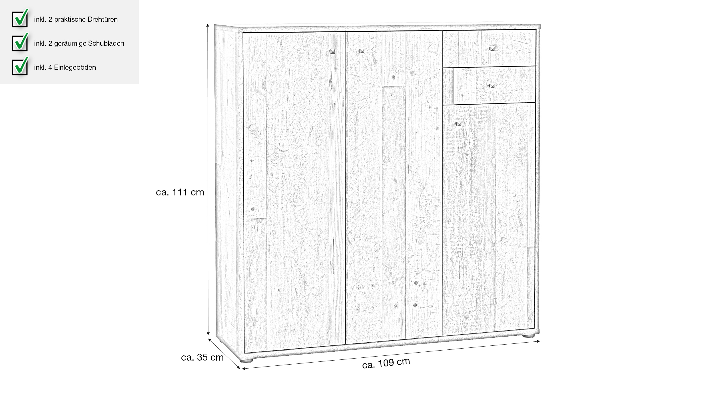 Kommode mit Schubladen Old Wood 111 cm - TEMPRA