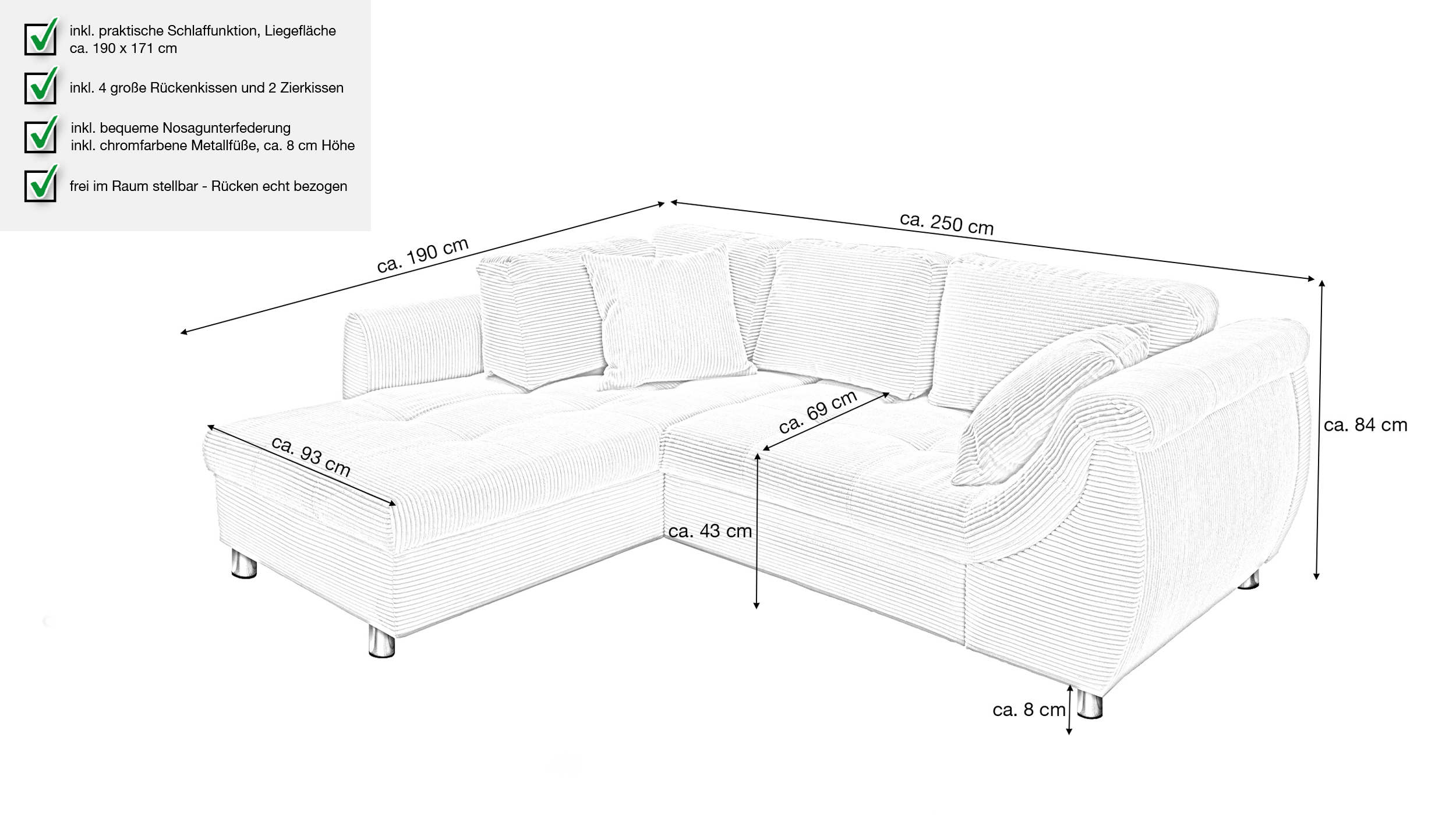 Ecksofa Cord beige Schlaffunktion OT links - LUNARO