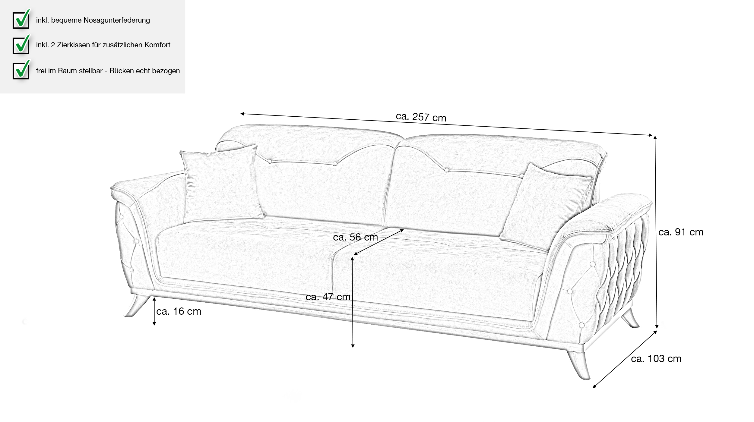 Einzelsofa 3-Sitzer anthrazit 257 cm - ALBERTO