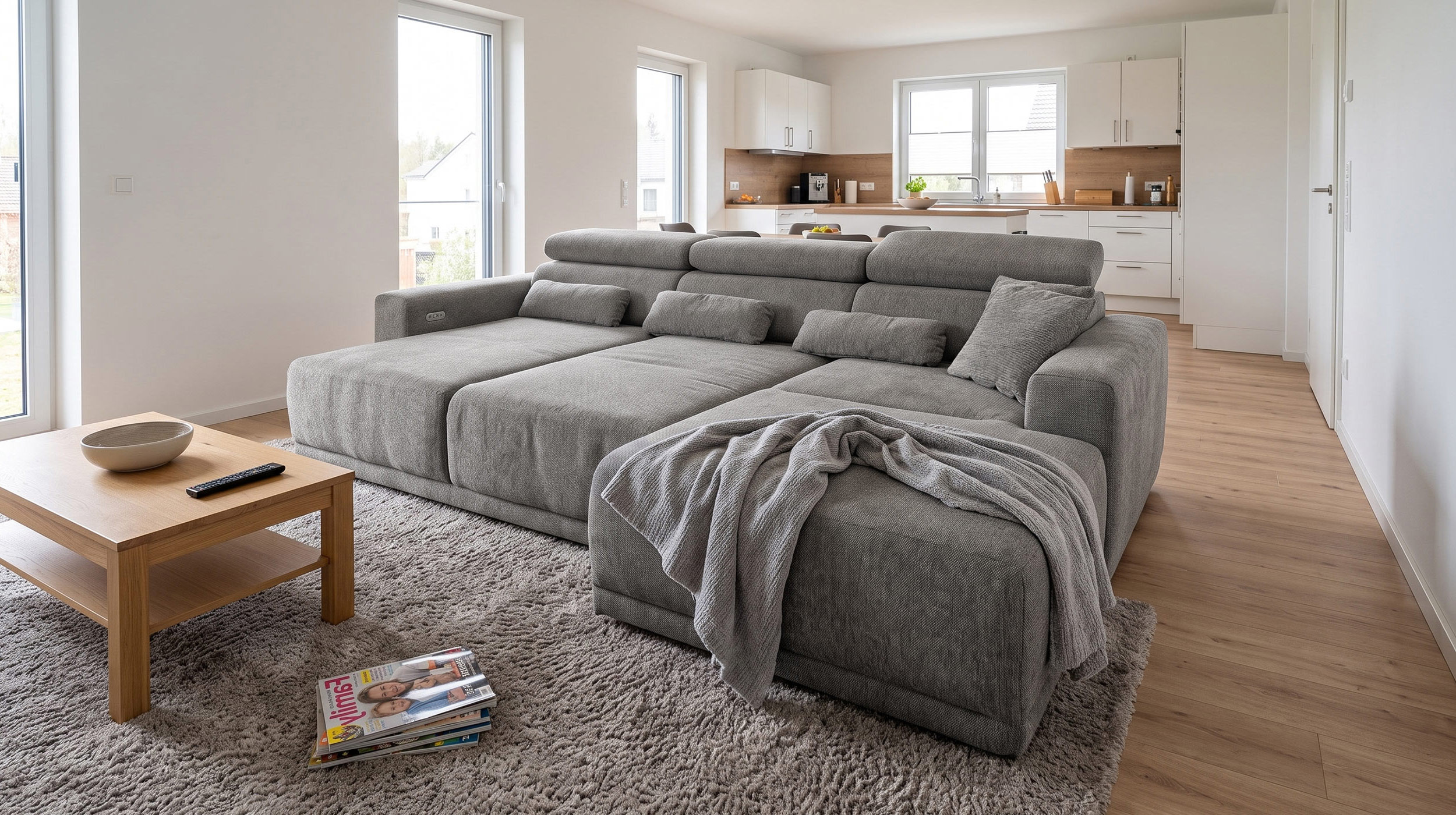 Ecksofa grau elektrisch ausfahrbar 285 cm - OT rechts - CASSIO 