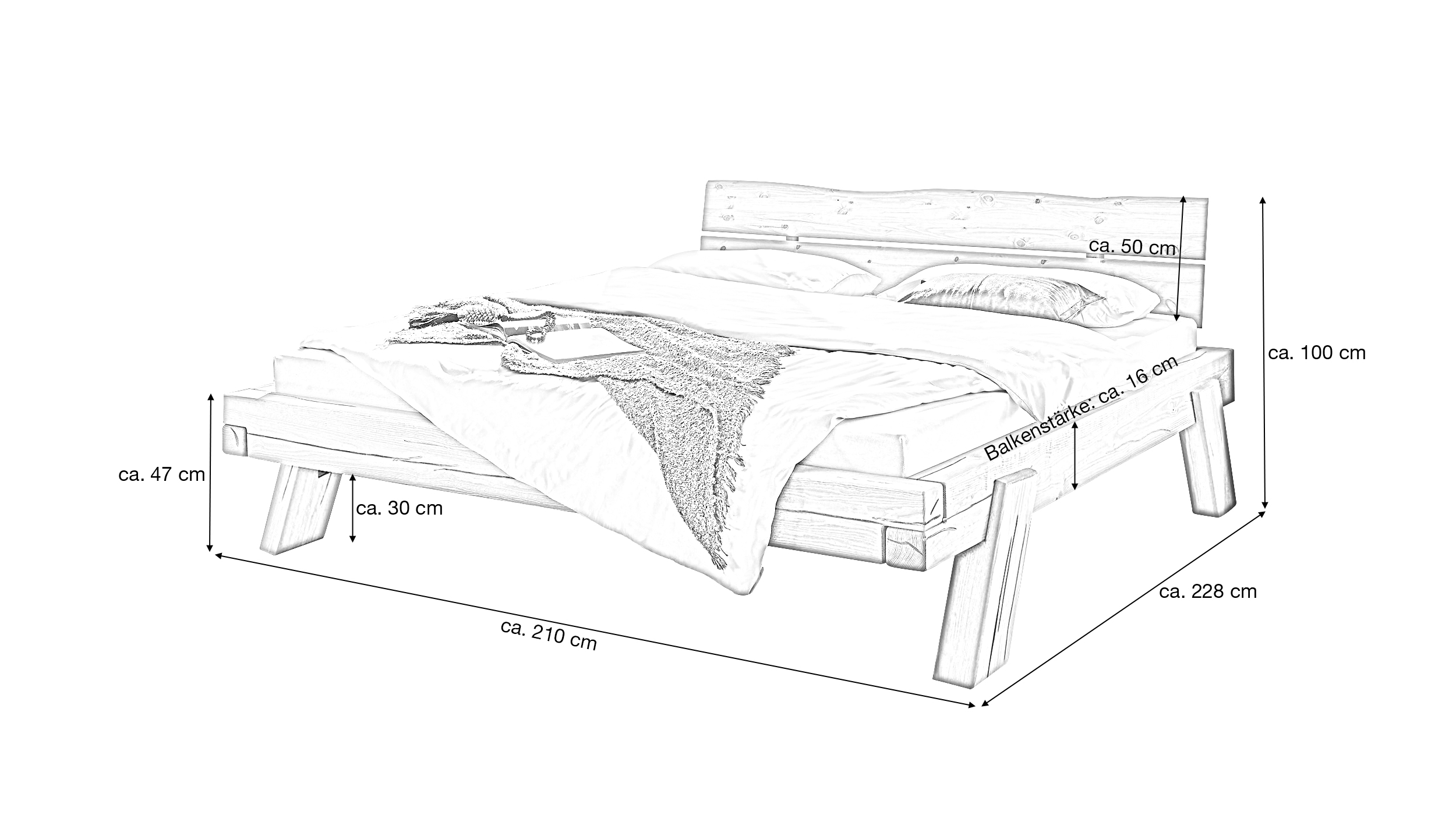 Balkenbett Massivholzbett 180 cm Kiefer geölt gebeizt - BERGTAL LEAN