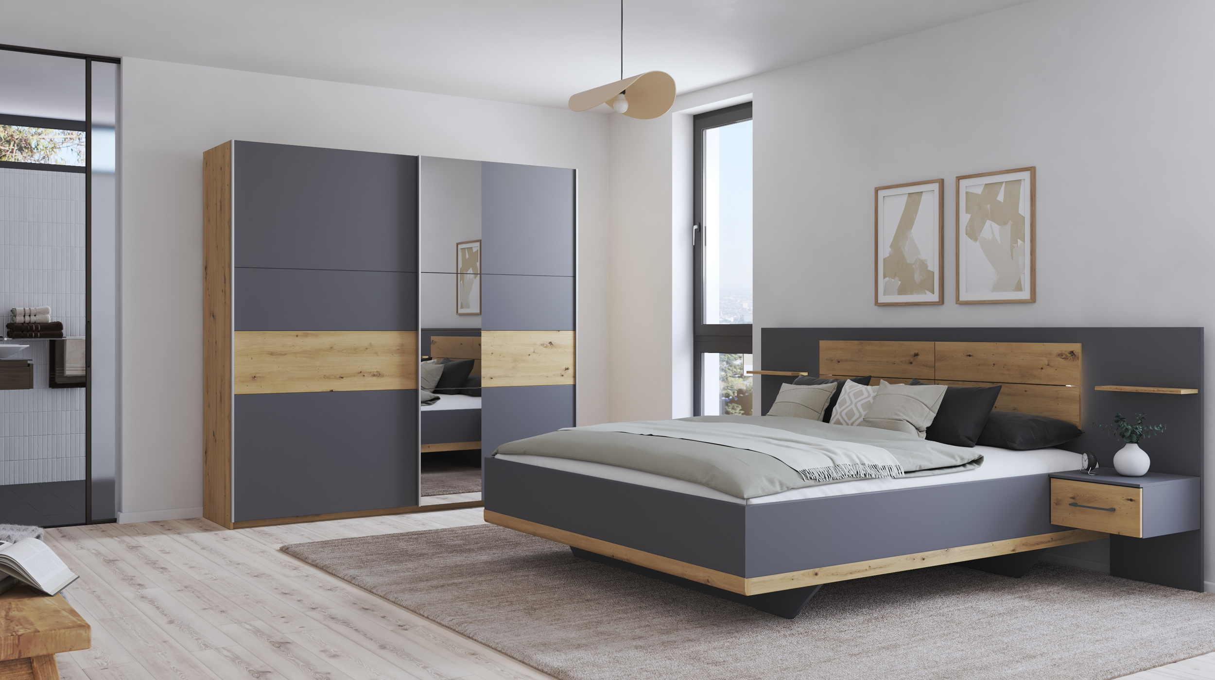 Bettanlage 180 x 200 cm grau - Eiche - Beleuchtung - rauch - BOSTON