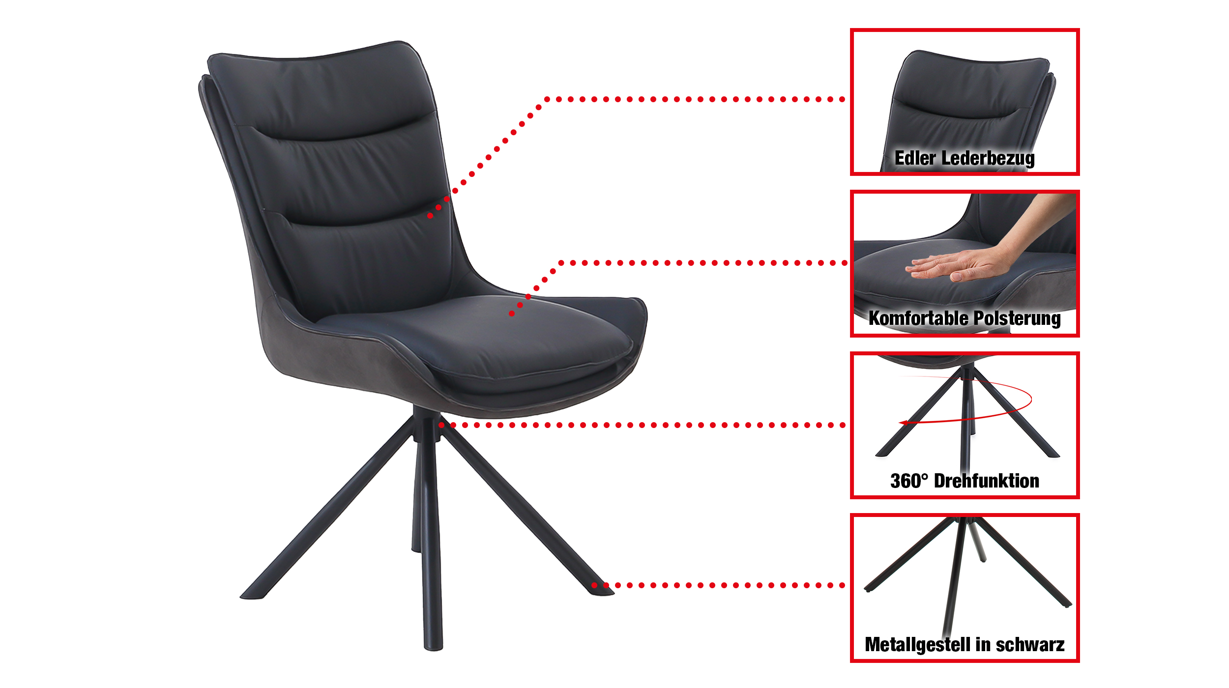 Polsterstuhl Schalenstuhl Echtleder schwarz - drehbar - MAURICE