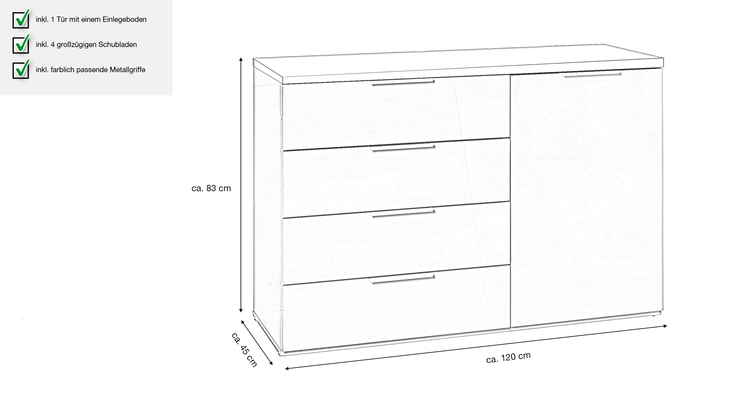 Kommode weiß hochglanz 120 x 83 cm 4 Schubladen - MUNDI