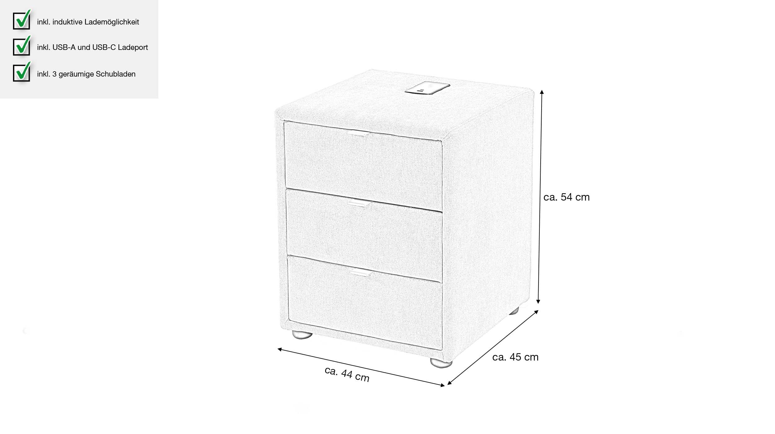 Nachttisch grau-beige - 44 x 45 cm - mit Ladestation - LIZZY