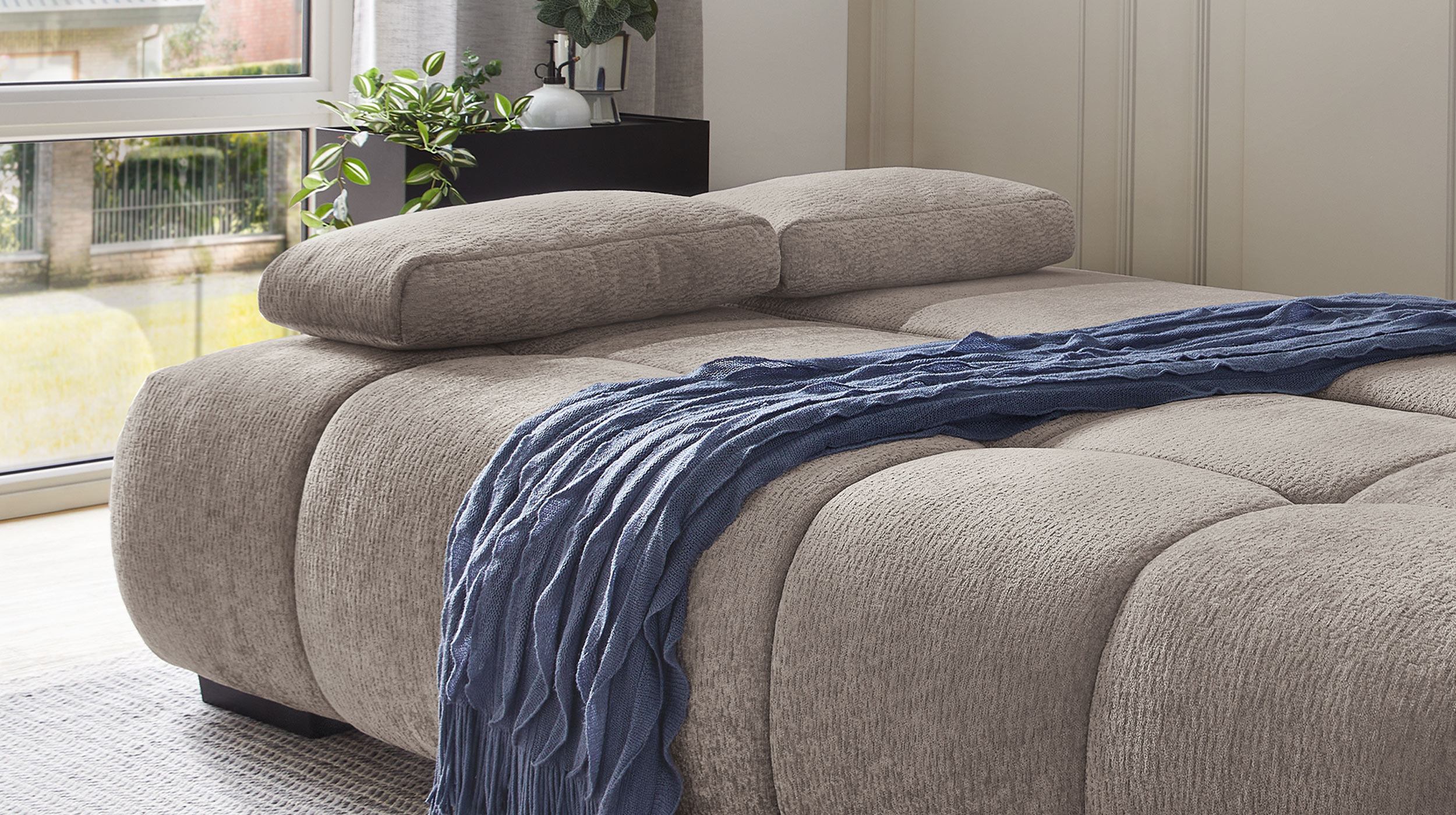 Schlafsofa grau-beige mit Bettkasten 213 cm - RENO 