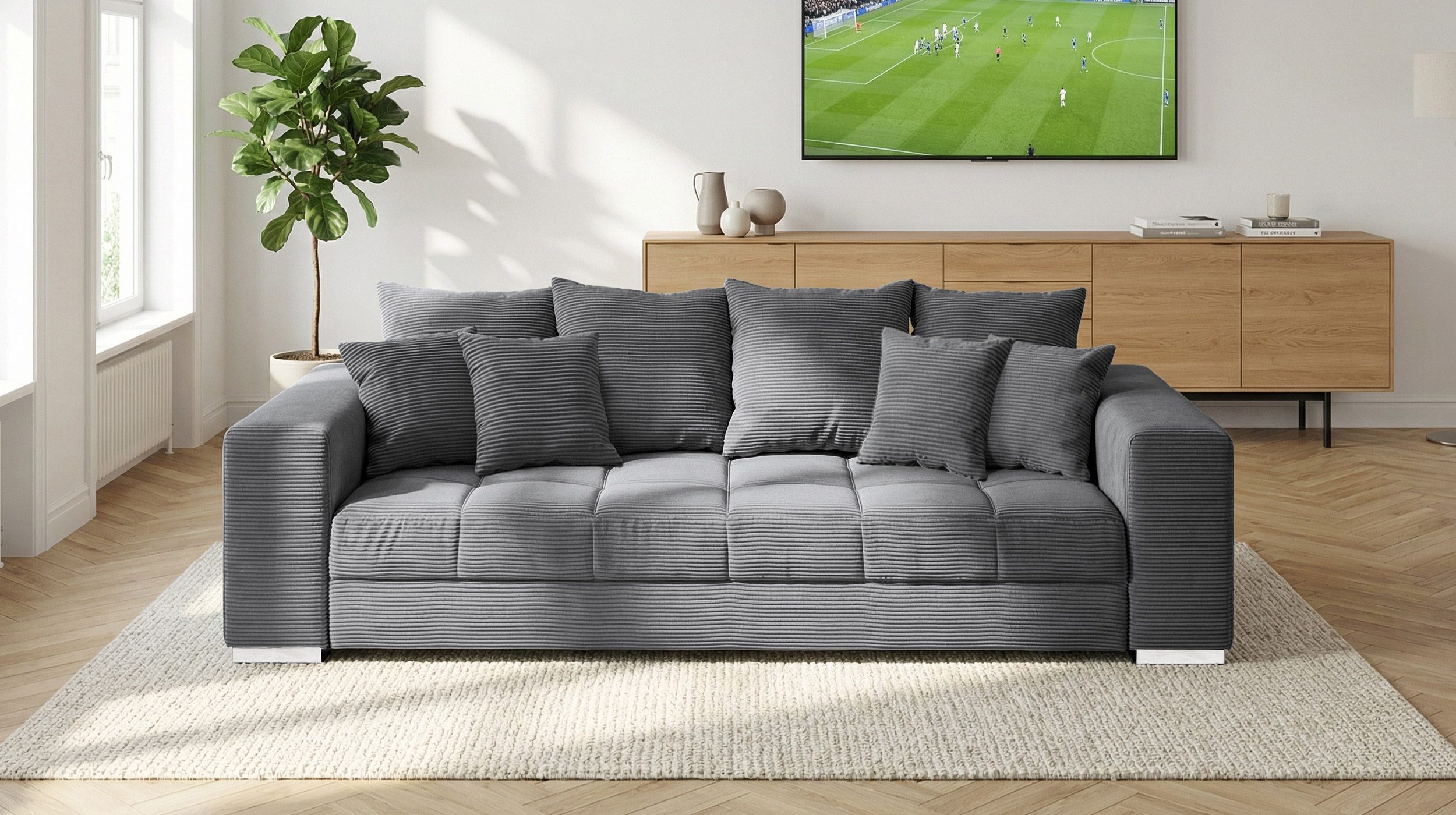 Big Sofa Cord grau - 254 cm - Nosagunterfederung - BORNEO