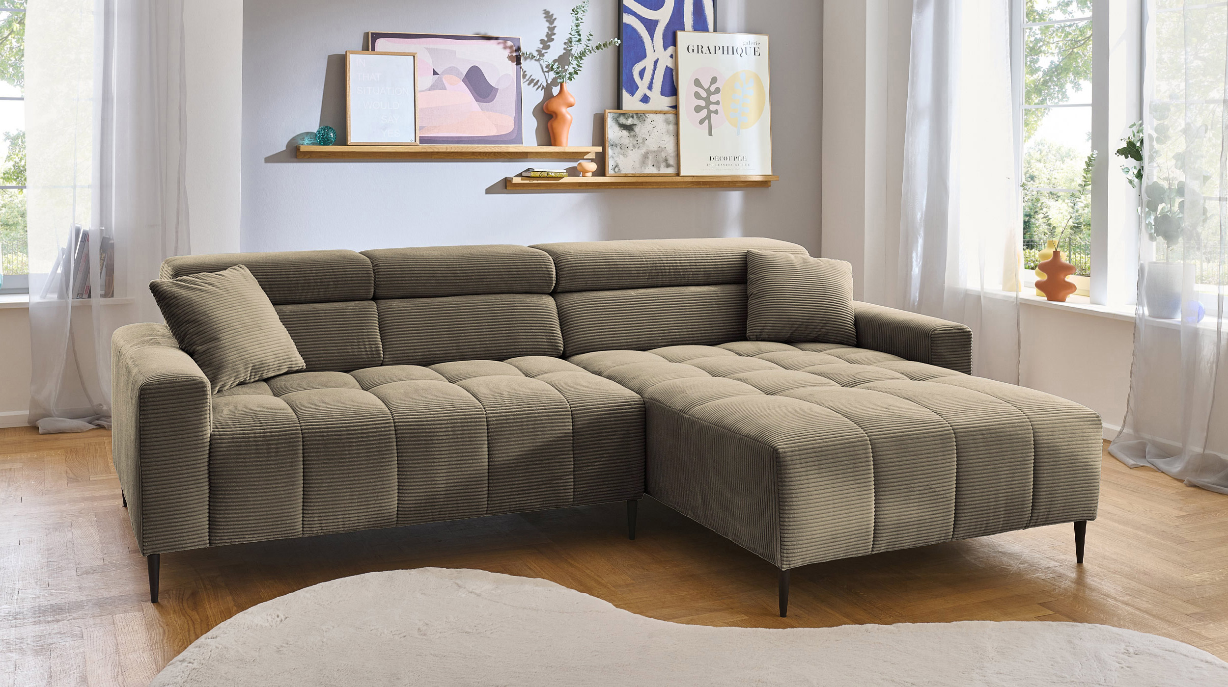 Ecksofa Cord grün ausziehbar - Sitztiefenverstellung 256 cm - OT rechts - SIMPLE Ecksofa Cord grün ausziehbar - Sitztiefenverstellung 256 cm - OT rechts - SIMPLE