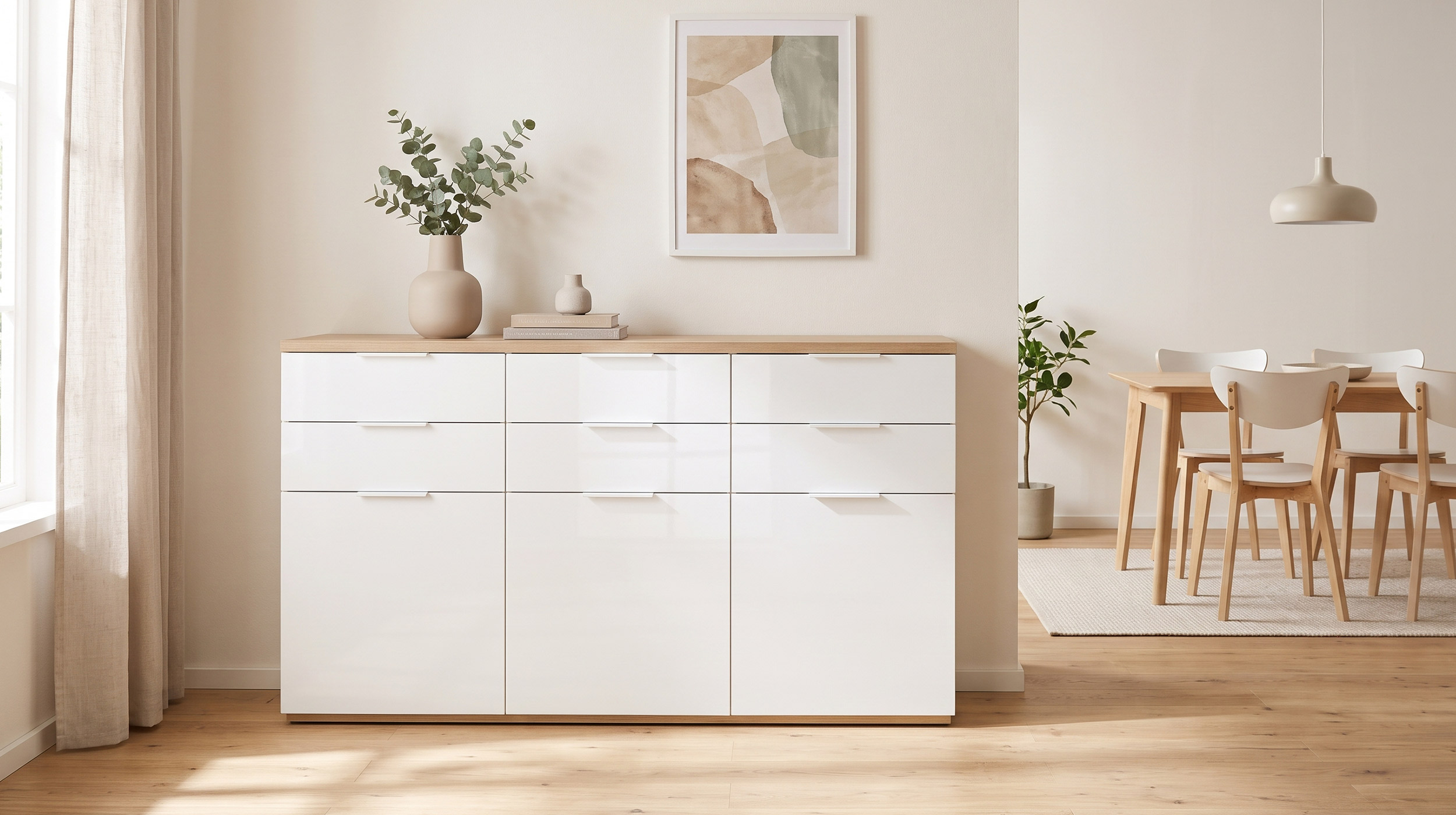 Kommode 180 cm Weiß Hochglanz mit Riviera-Eiche-Dekor - MUNDI