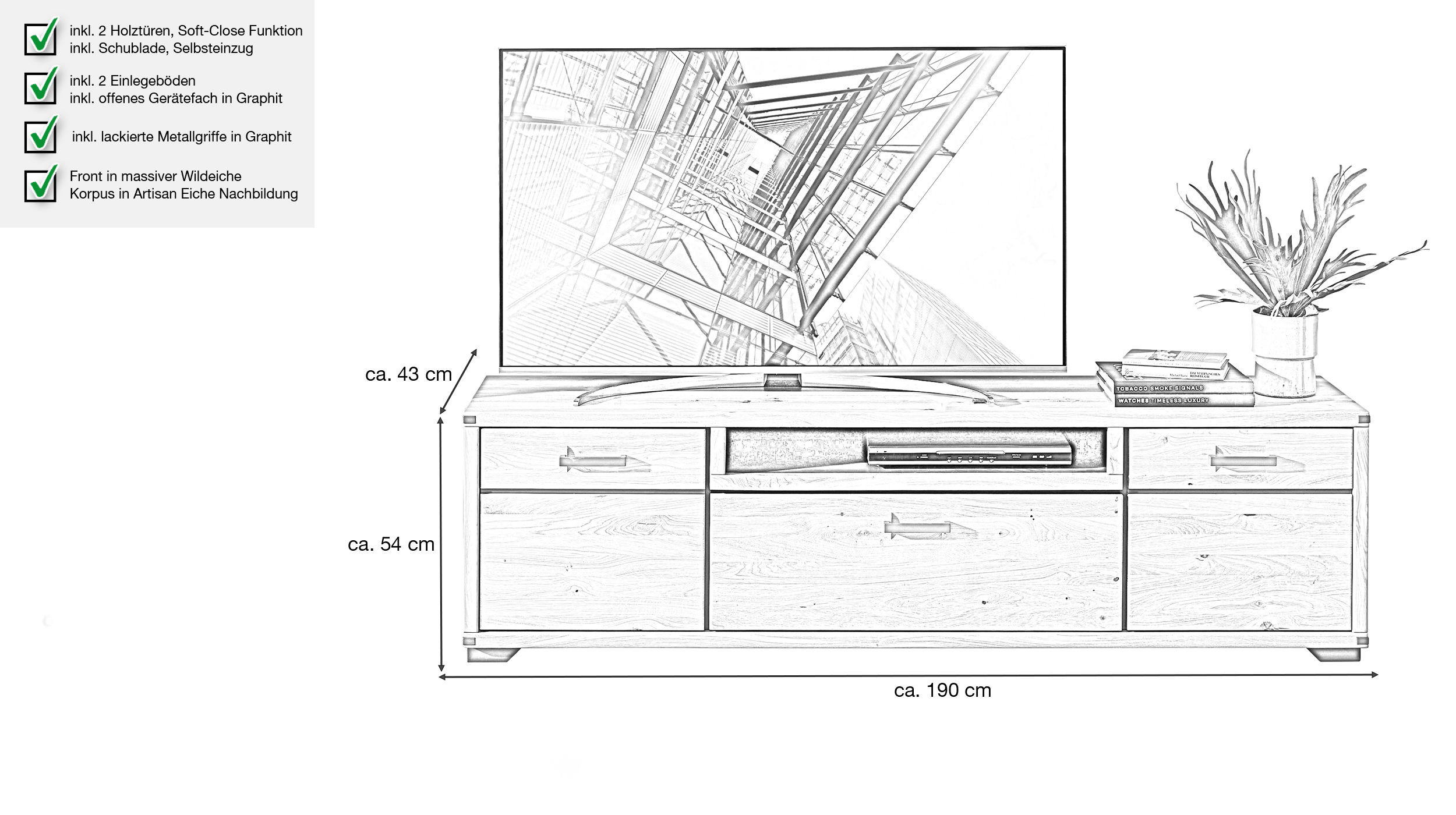 TV-Lowboard - Wildeiche - 190 cm - CATANIA