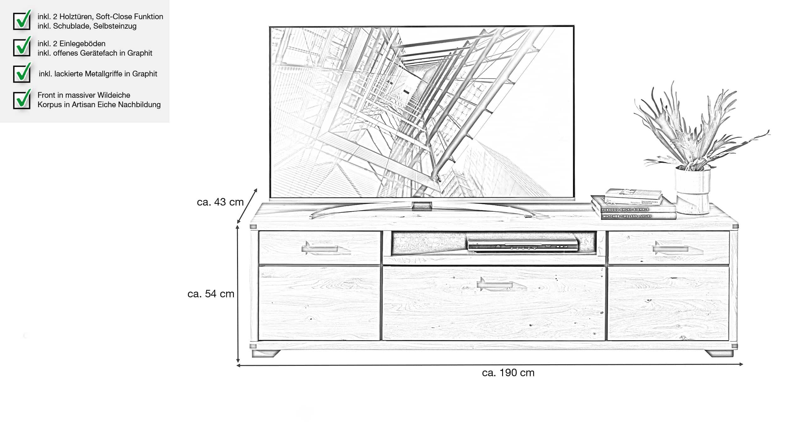 TV-Lowboards Wildeiche teilmassiv 190 cm - CATANIA