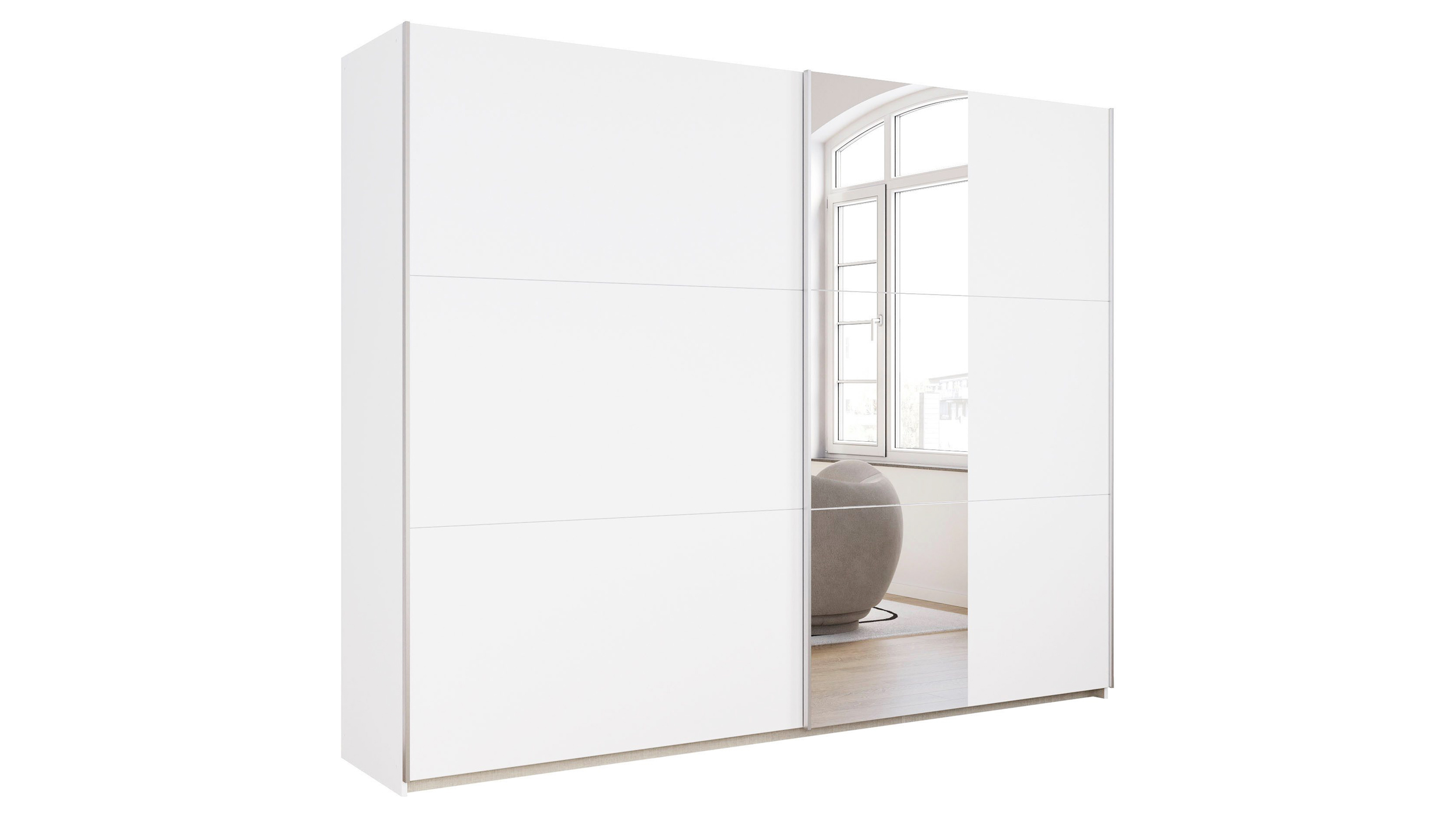 Schwebetürenschrank weiß Spiegel 261 cm - rauch - KRONACH