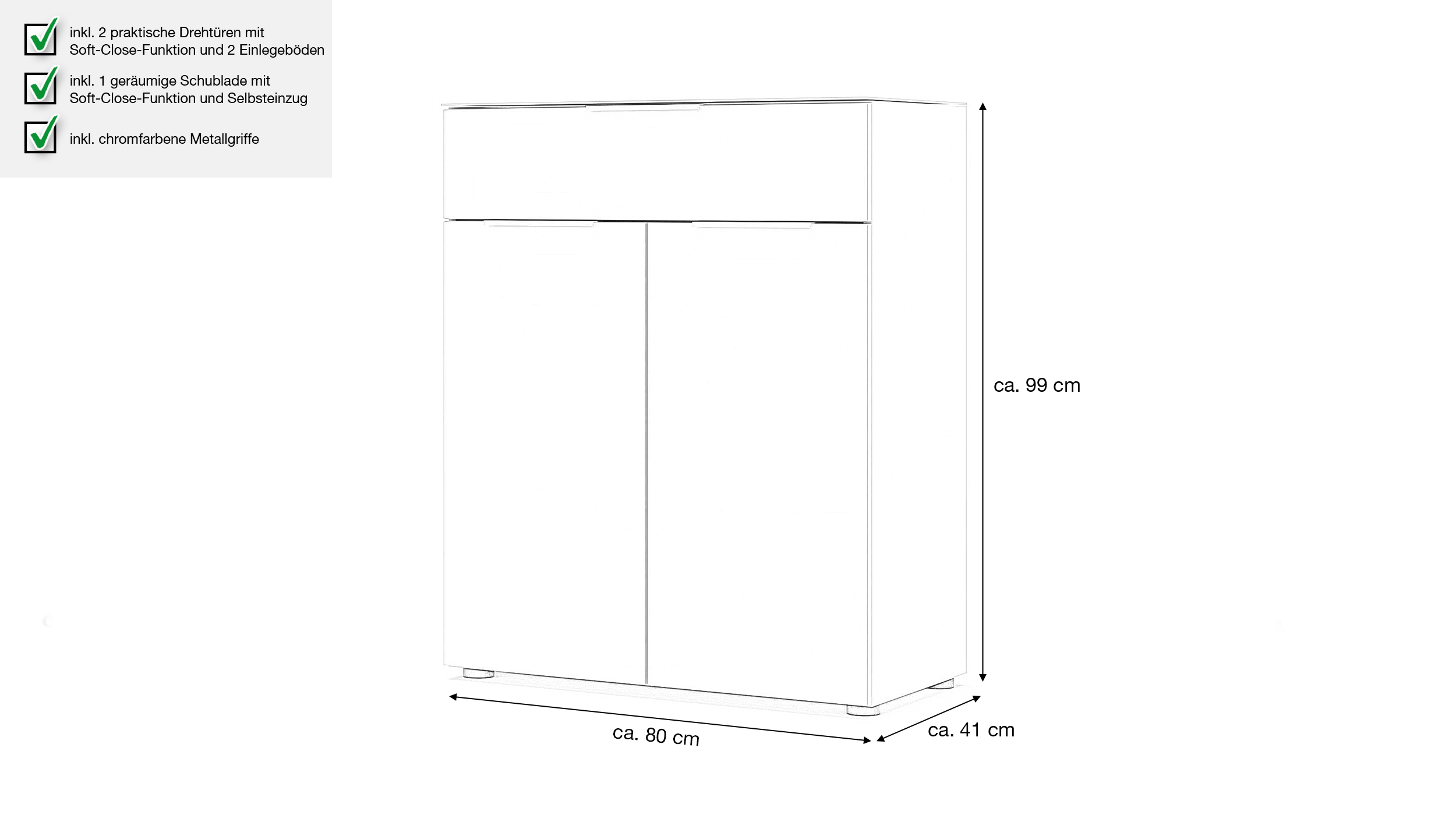 Kommode mit Schublade weiß Glasfront 80 cm - SANTORIN