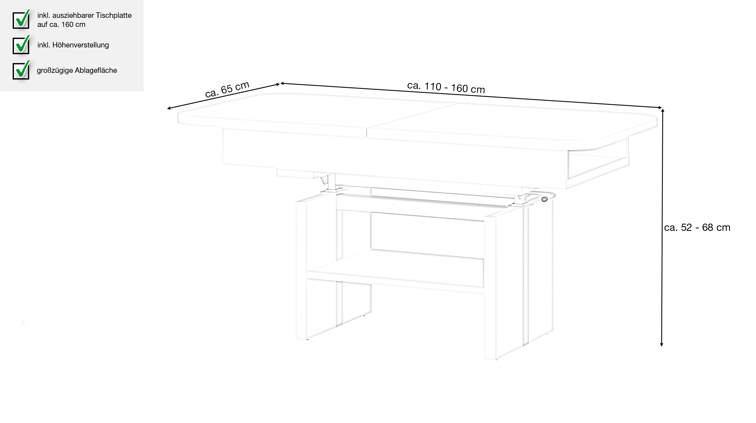 Couchtisch höhenverstellbar weiß 110 cm - ausziehbar - CORTADO Couchtisch höhenverstellbar weiß 110 cm - ausziehbar - CORTADO