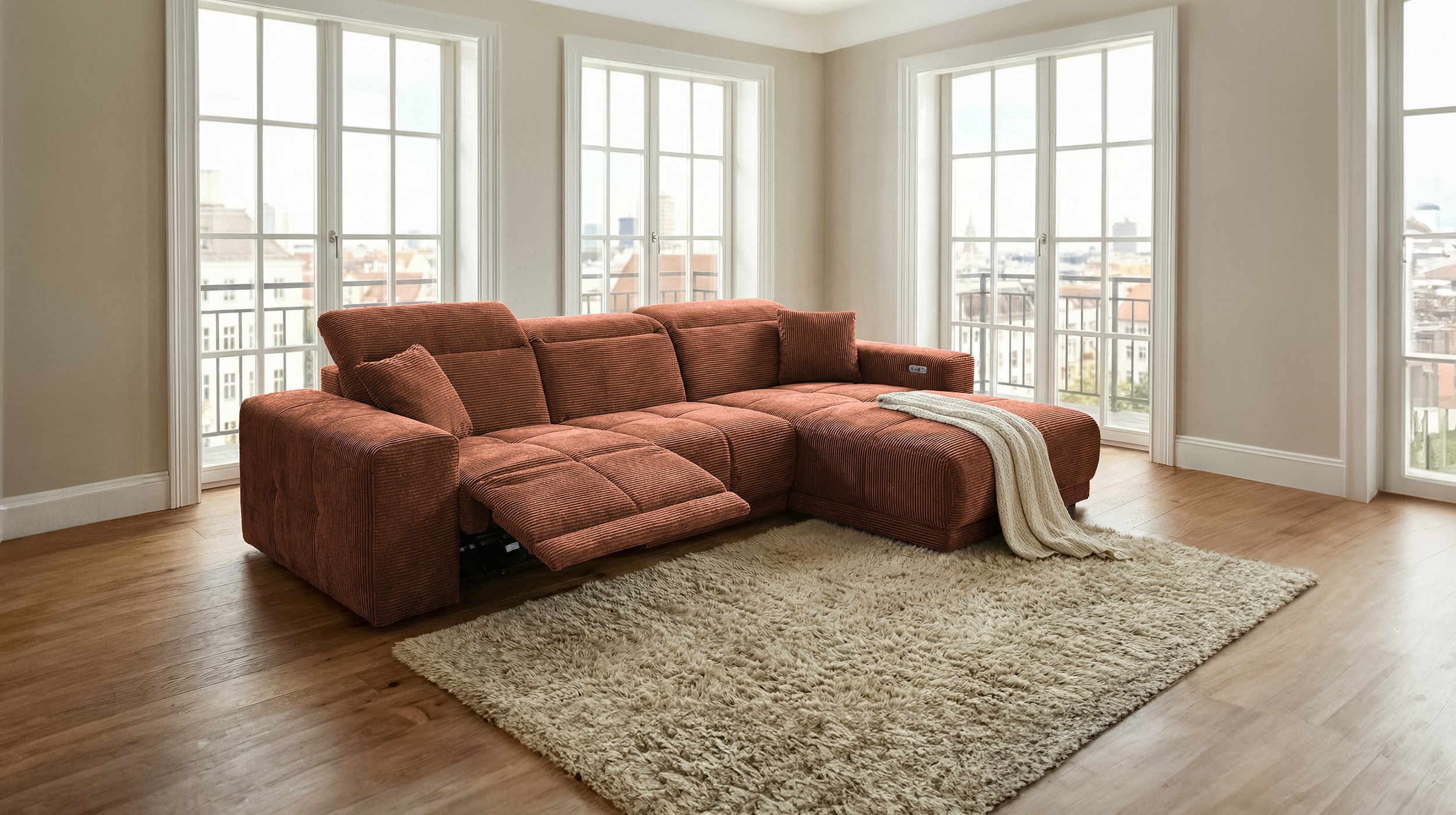 Ecksofa Cord rost 302 x 167 cm mit Relaxfunktion - OT rechts - TONI