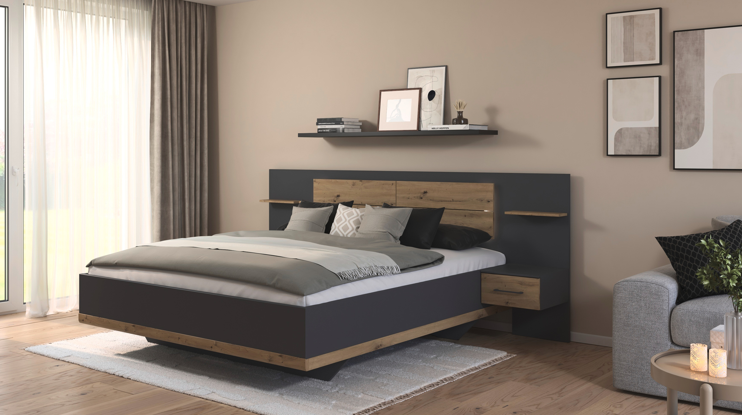 Bettanlage 180 x 200 cm grau - Eiche - Beleuchtung - rauch - BOSTON