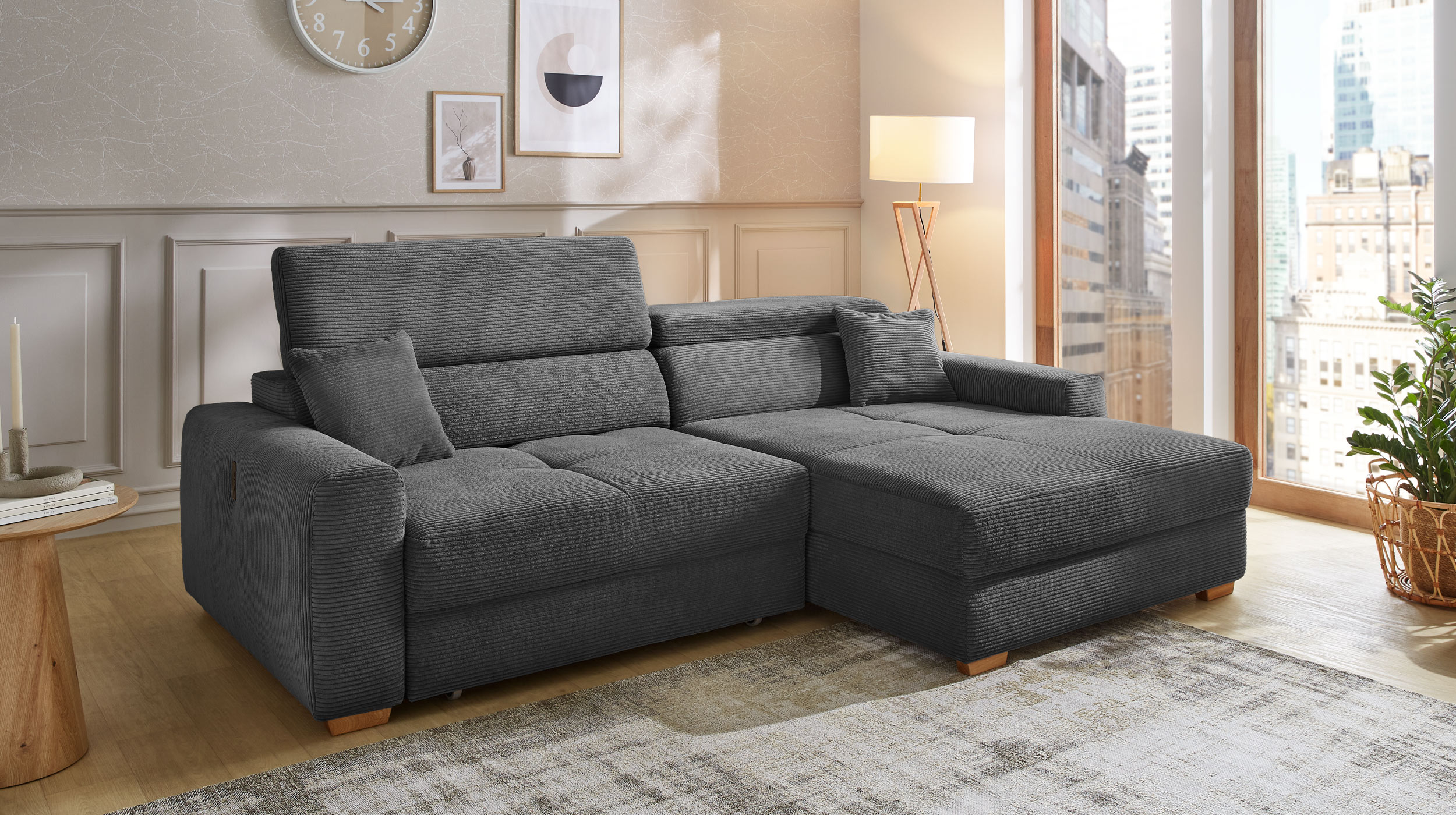 Ecksofa Cord grau ausziehbar - Sitztiefenverstellung 277 cm - SLIDER