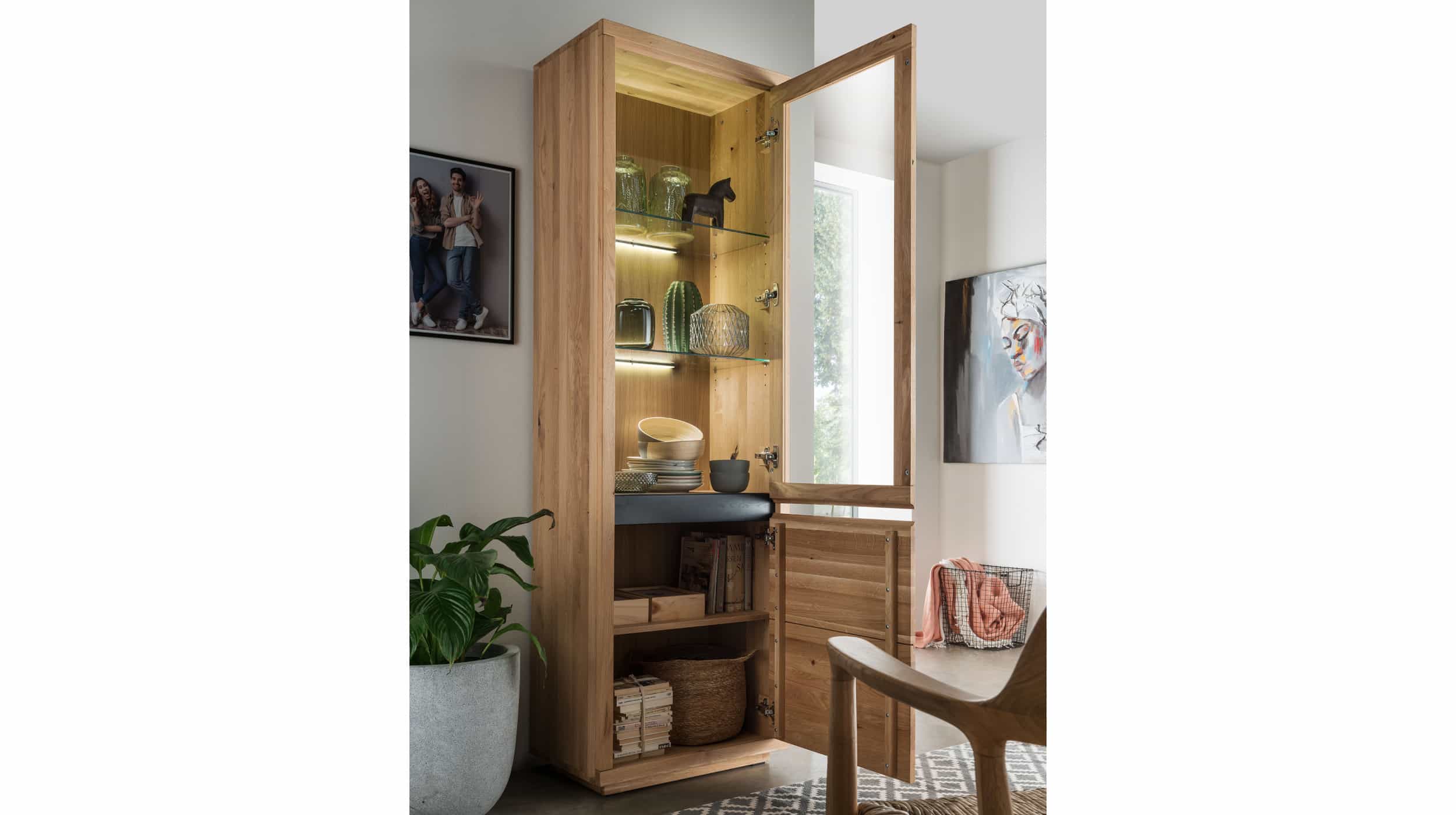 Vitrine mit Glastür Wildeiche massiv geölt 65 cm - GIRONA