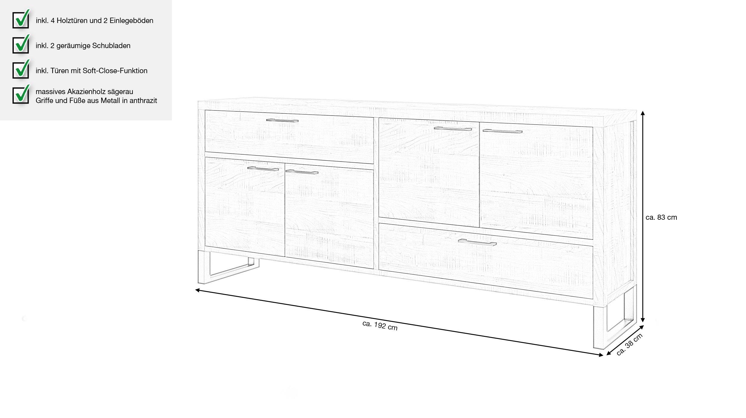 Sideboard 2 Schubladen Akazie massiv 192 cm - BENIKO