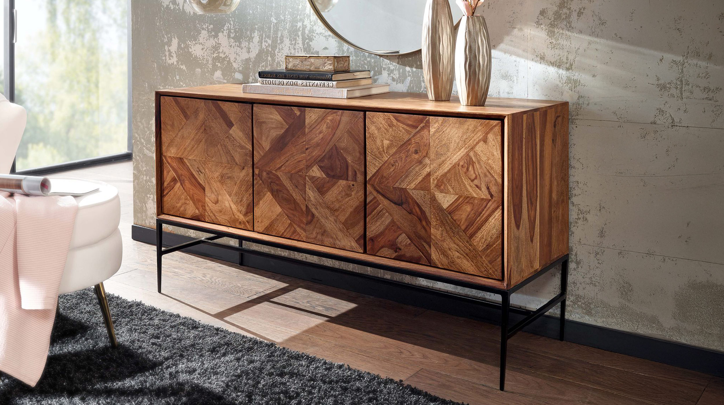 Sideboard Sheesham massiv gebeizt 123 cm - 3-türig - SIGRID