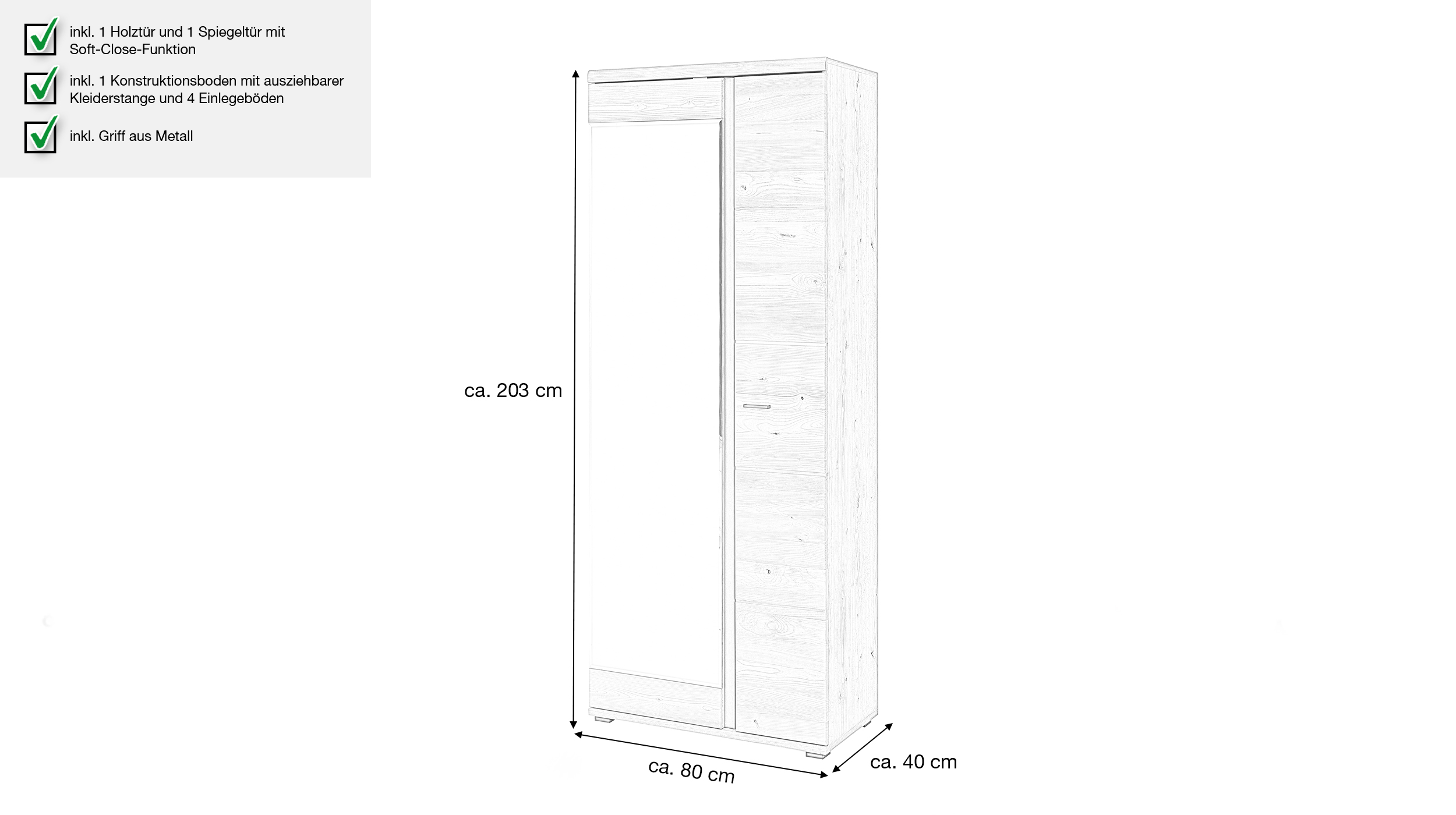 Garderobenschrank Altesche teilmassiv - 80 x 203 cm - SONOS