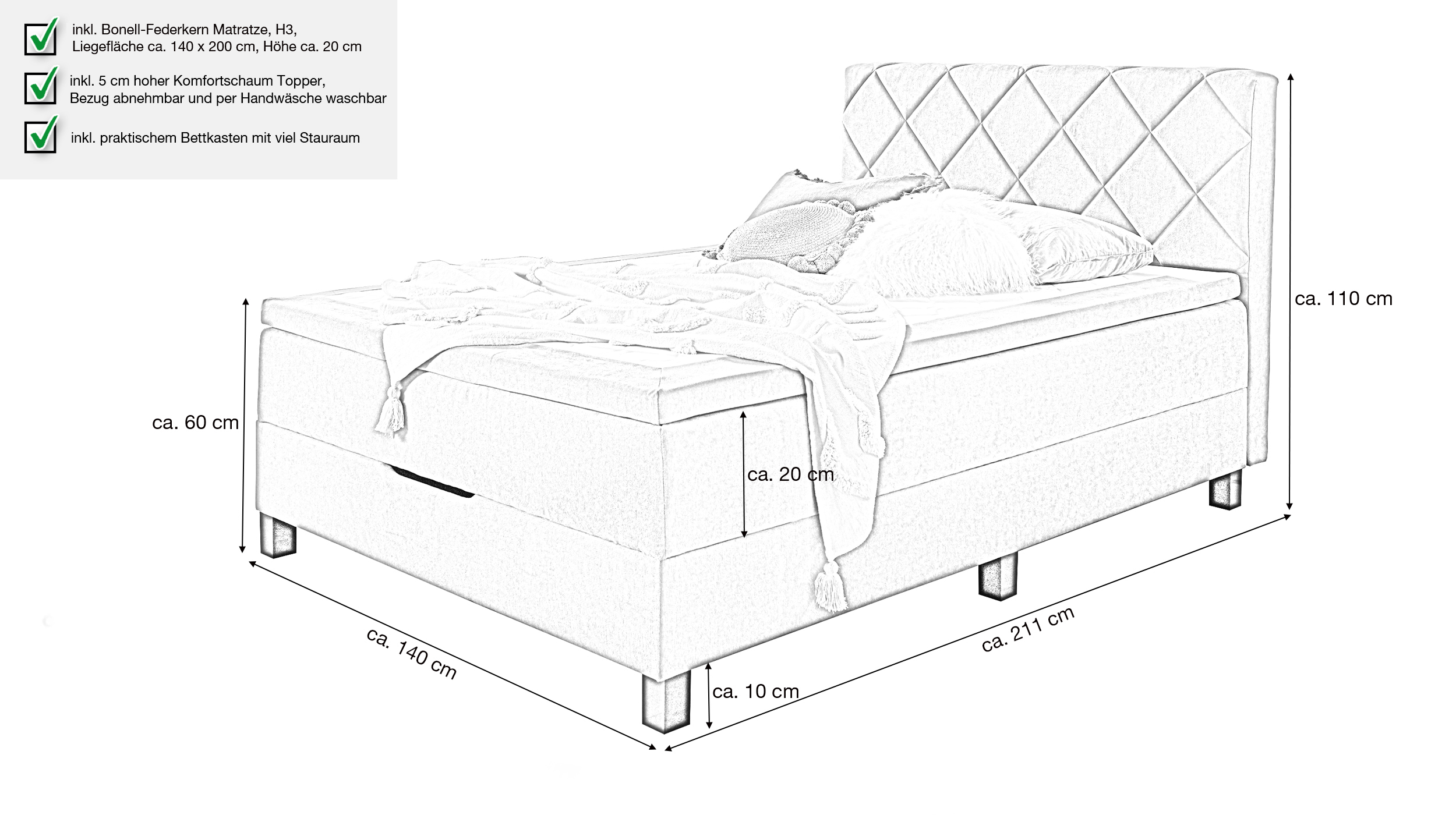 Boxbett 140 x 200 cm grau mit Bettkasten - JEFF