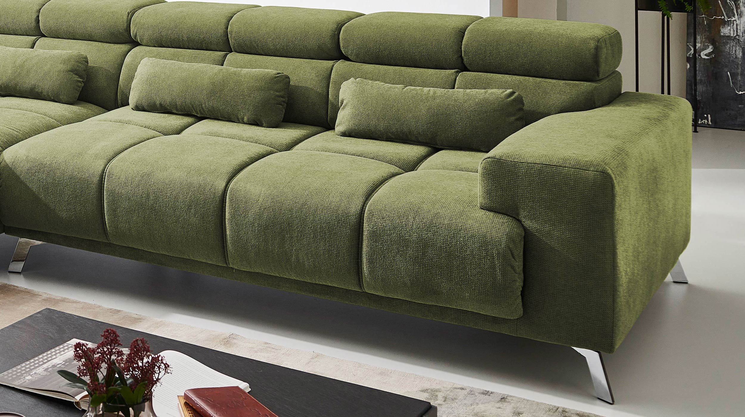 Ecksofa grün ausziehbar - Sitztiefenverstellung 285 cm - OT links - SPEED