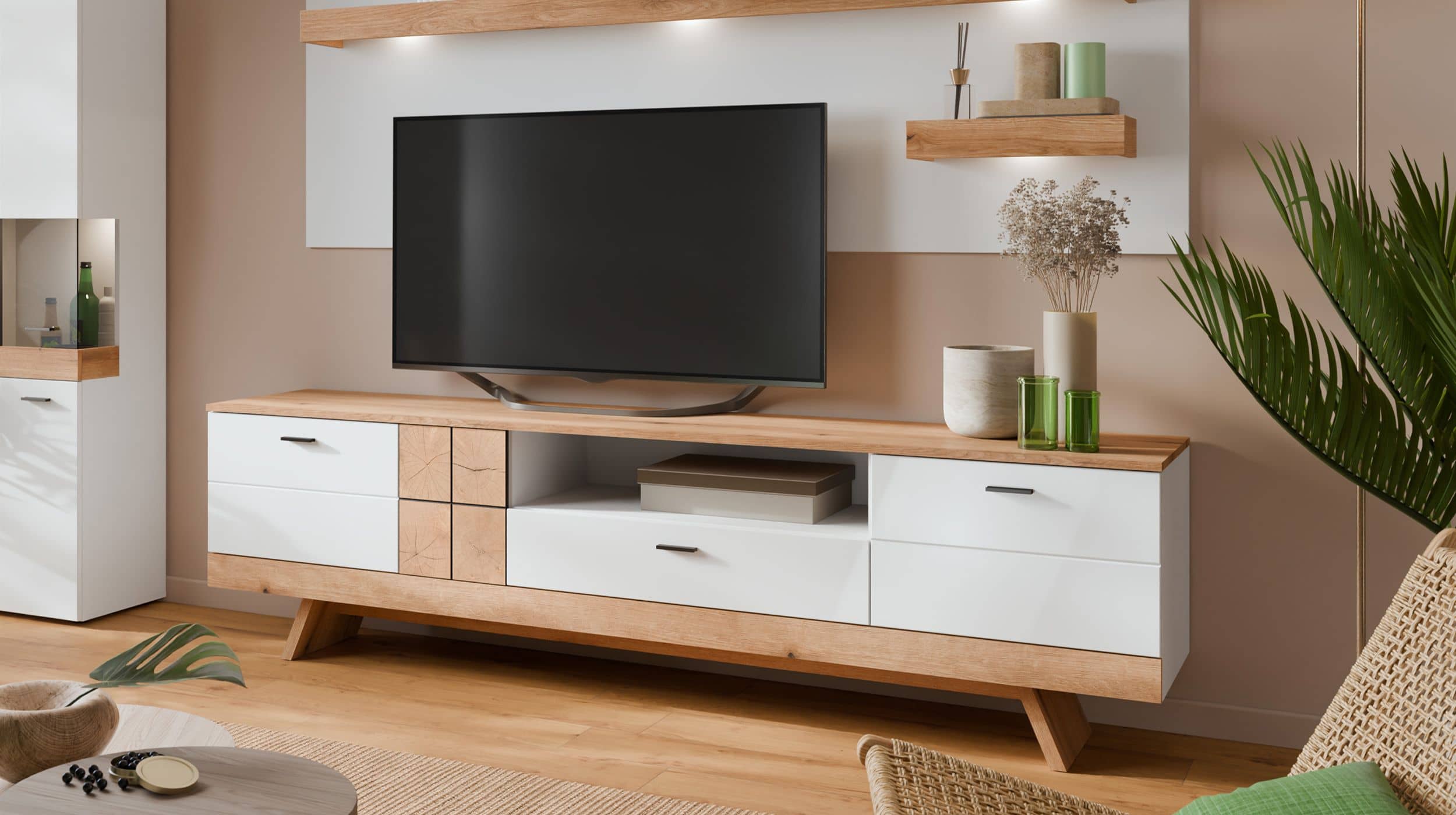 TV - Lowboard weiß Hochglanz - Coast Evoke Eiche 216 cm - ORETA