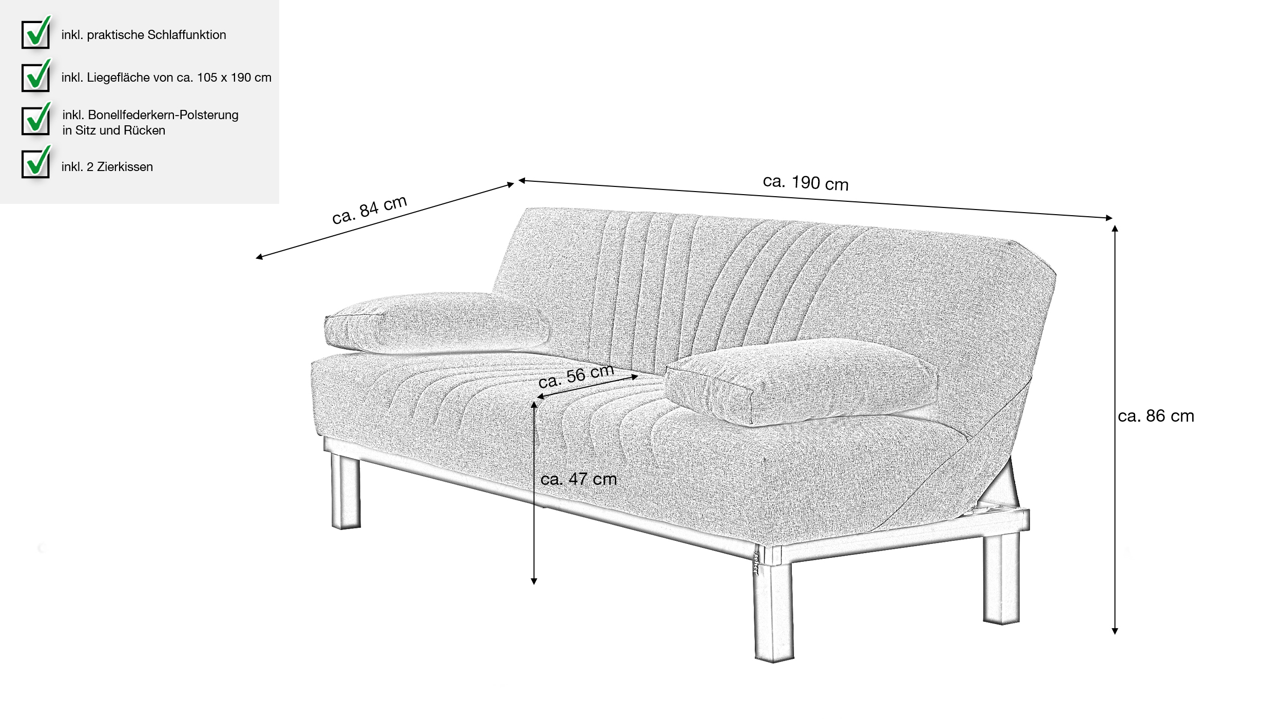 Einzelsofa 3-Sitzer grau Schlaffunktion 190 cm - RADOO