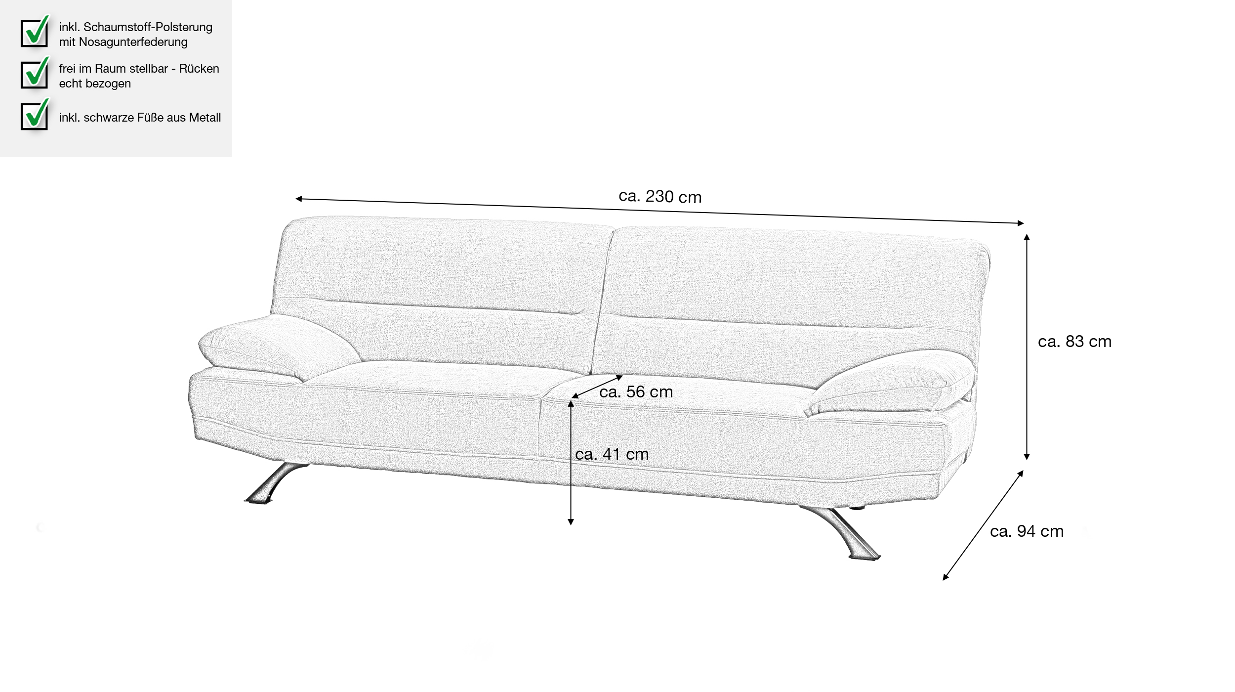 Einzelsofa 3-Sitzer grau 230 cm - BRUNO