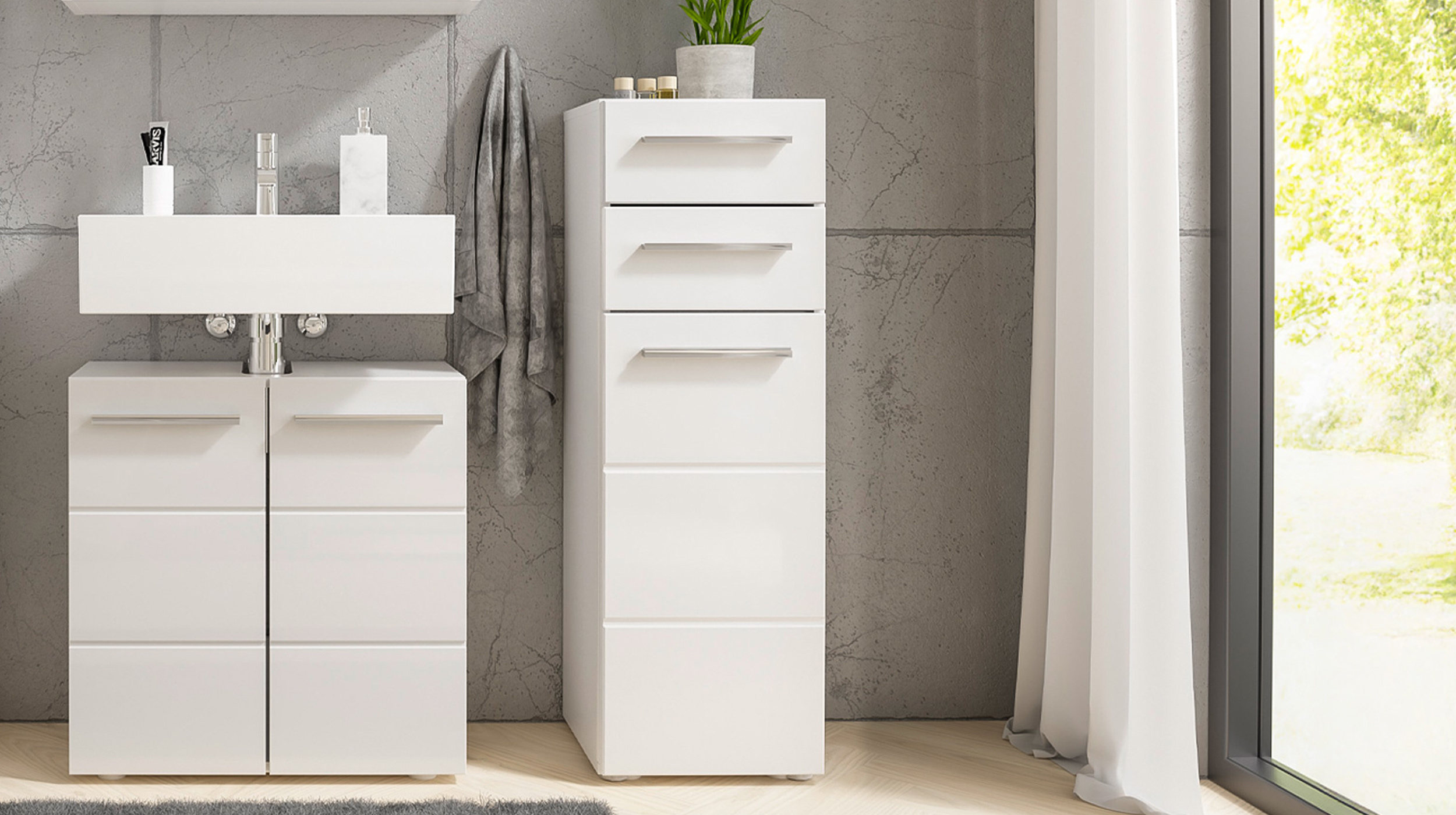 Bad Unterschrank weiß hochglanz 34 cm - 2 Schubladen - MANDY