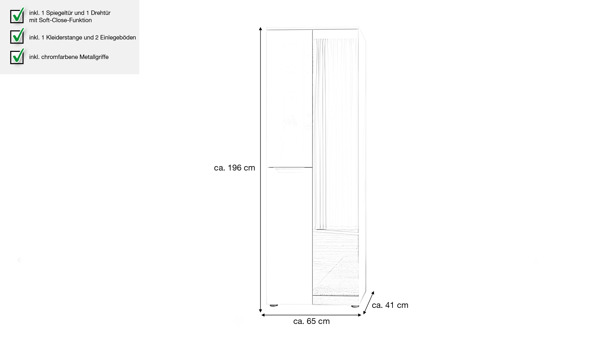 Garderobenschrank Spiegel weiß Glasfront 65 cm - SANTORIN