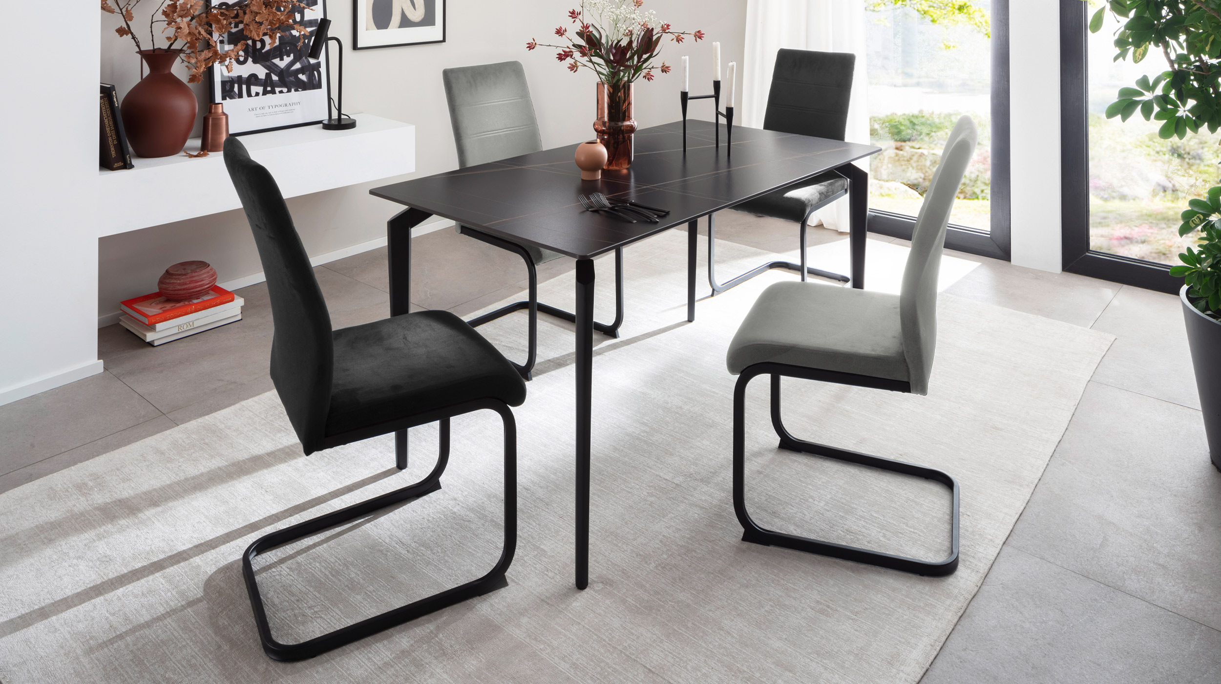 Schwingstuhl schwarz Freischwinger Veloursoptik - TICINO