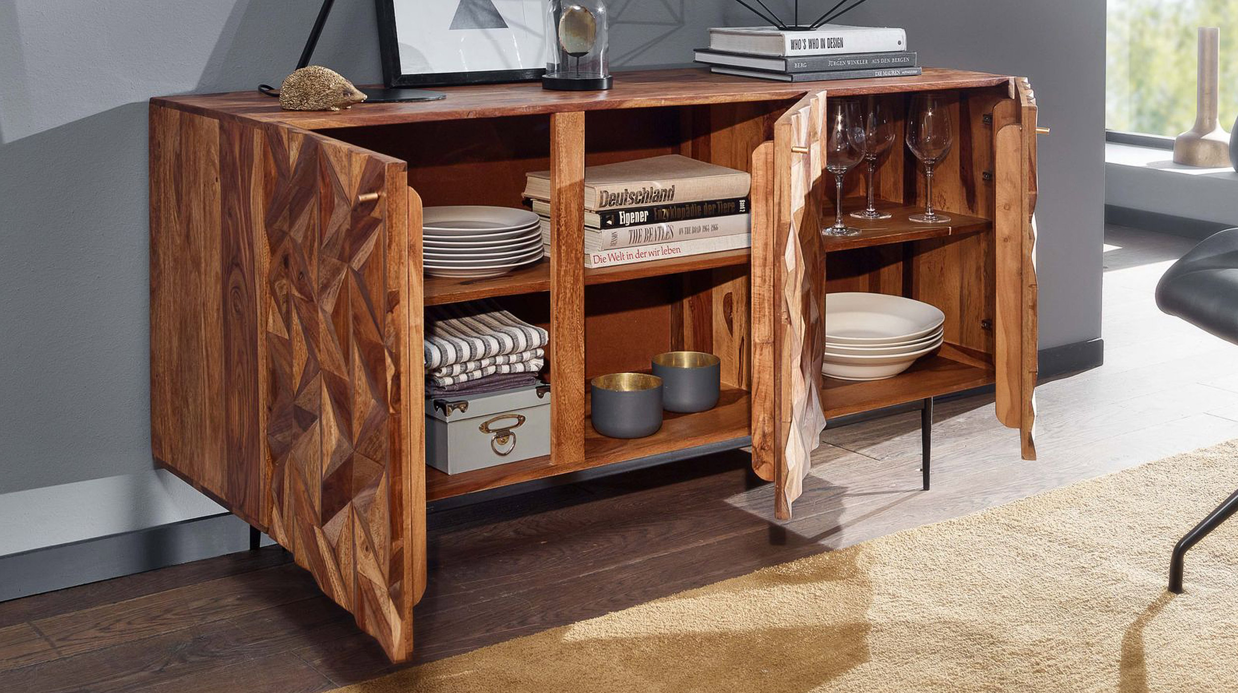 Sideboard Sheesham massiv gebeizt 144 cm - 3-türig - STEN